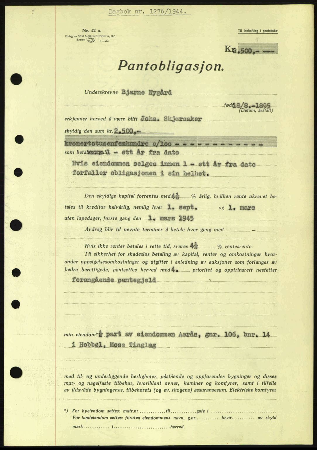Moss sorenskriveri, SAO/A-10168: Pantebok nr. B13, 1943-1945, Dagboknr: 1276/1944