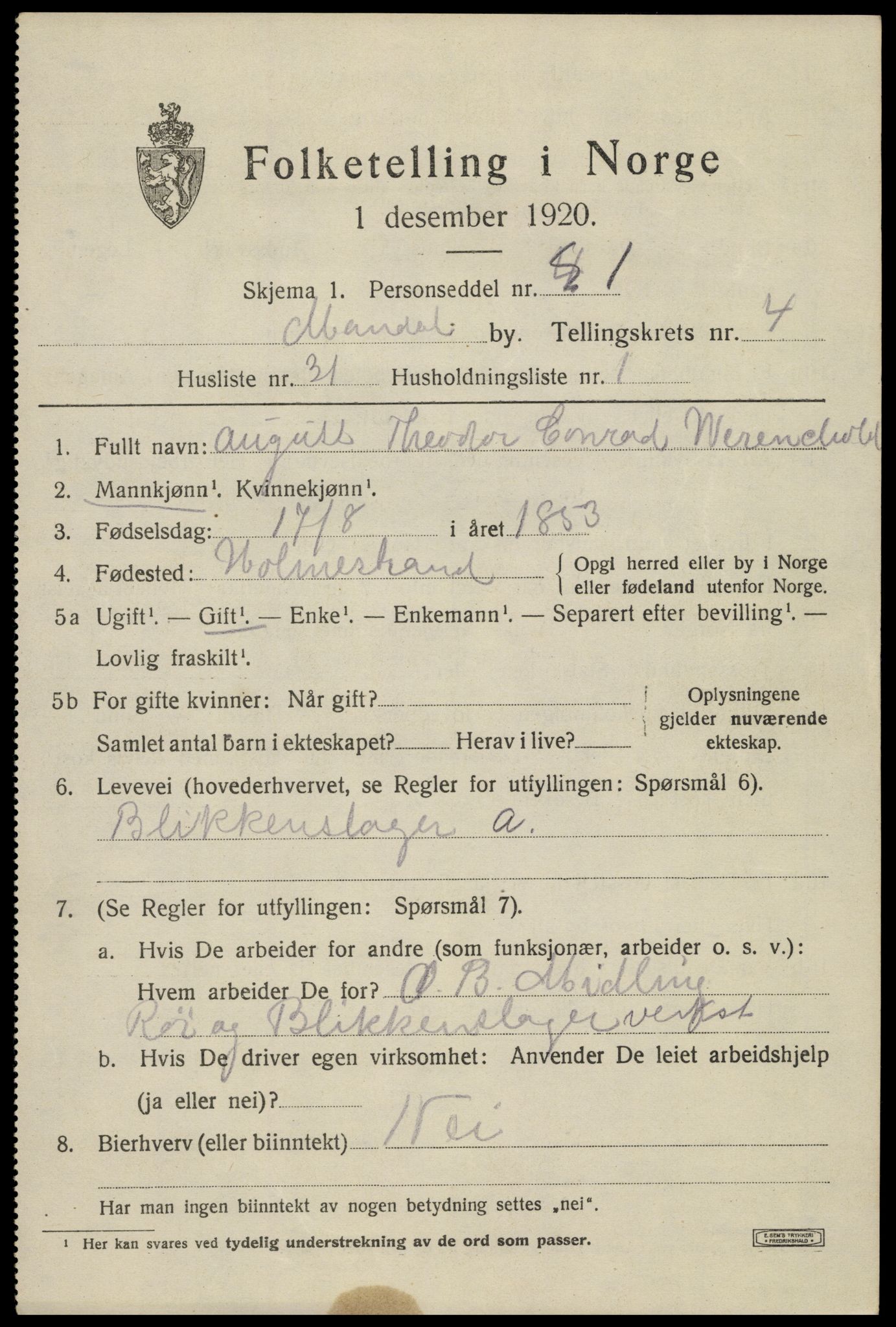 SAK, Folketelling 1920 for 1002 Mandal ladested, 1920, s. 7323