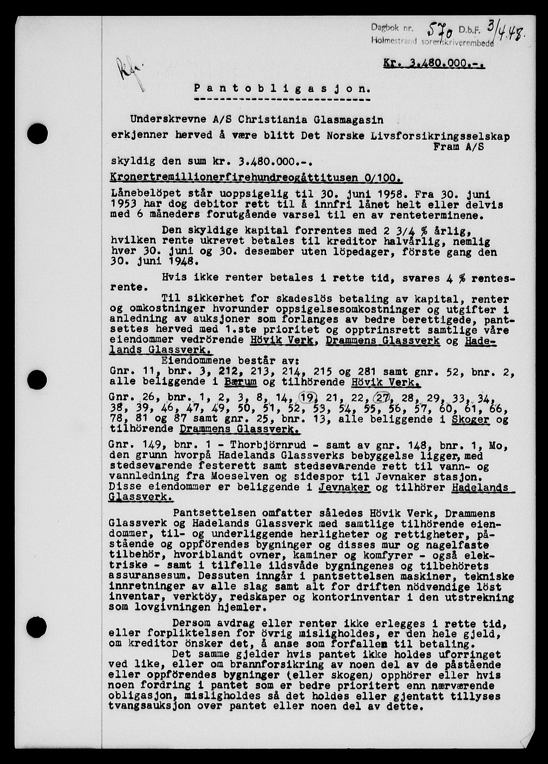 Holmestrand sorenskriveri, SAKO/A-67/G/Ga/Gab/L0058: Pantebok nr. B-58, 1947-1948, Dagboknr: 570/1948