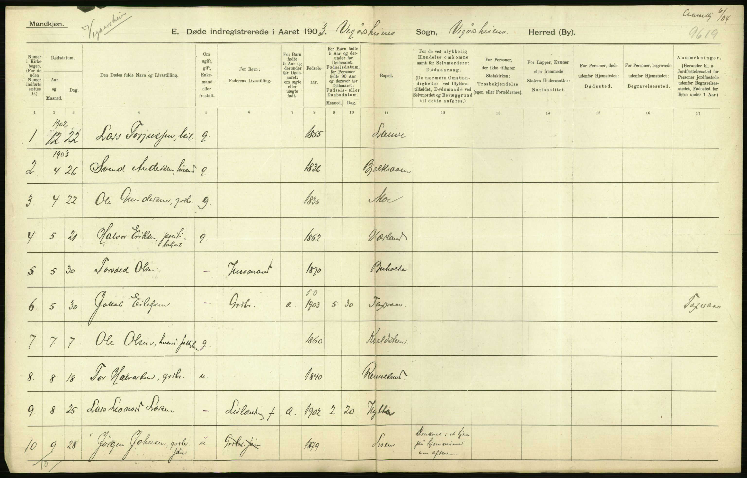 Statistisk sentralbyrå, Sosiodemografiske emner, Befolkning, AV/RA-S-2228/D/Df/Dfa/Dfaa/L0010: Nedenes amt: Fødte, gifte, døde, 1903, s. 362