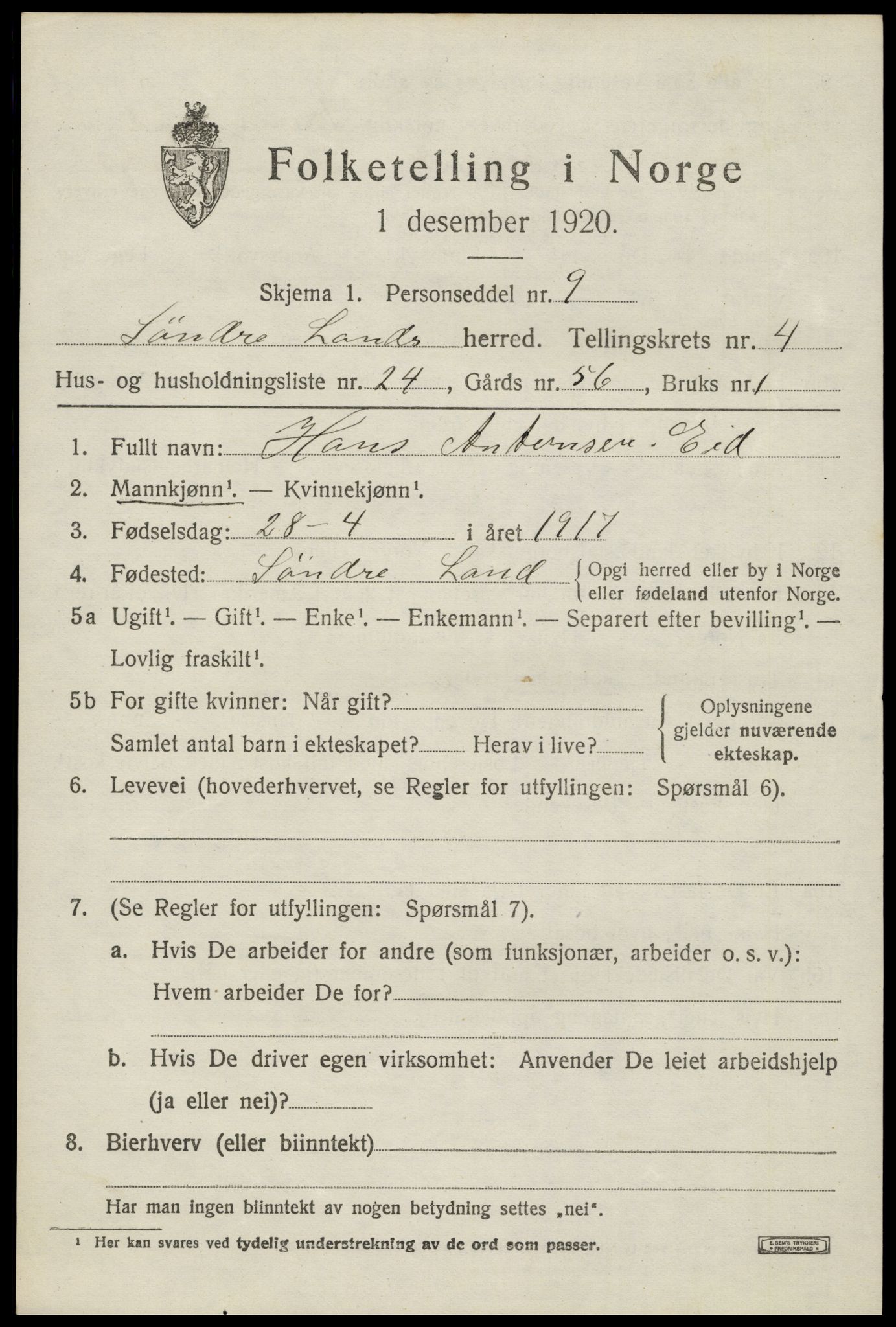 SAH, Folketelling 1920 for 0536 Søndre Land herred, 1920, s. 4993