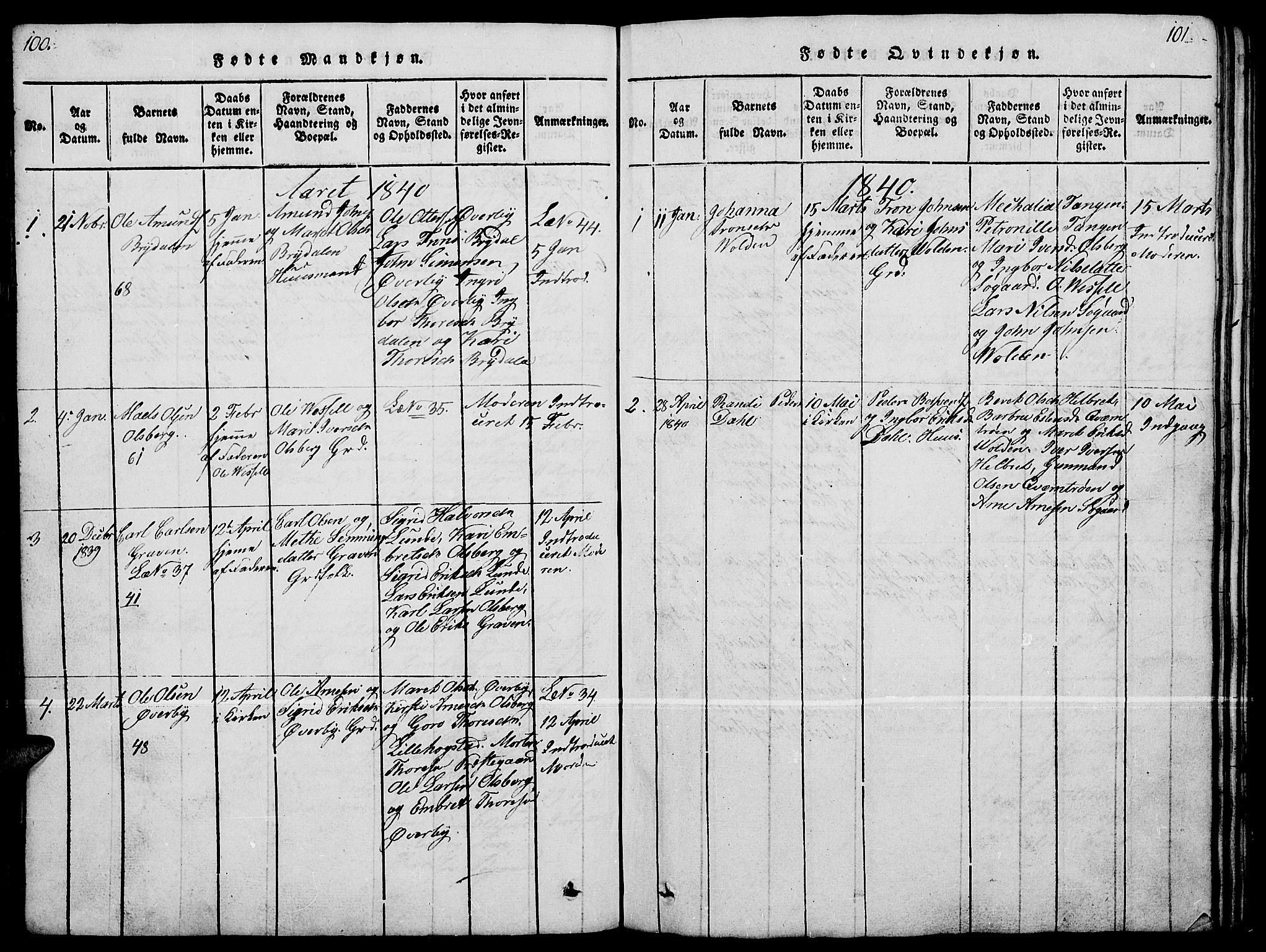 Tynset prestekontor, AV/SAH-PREST-058/H/Ha/Hab/L0004: Klokkerbok nr. 4, 1814-1879, s. 100-101