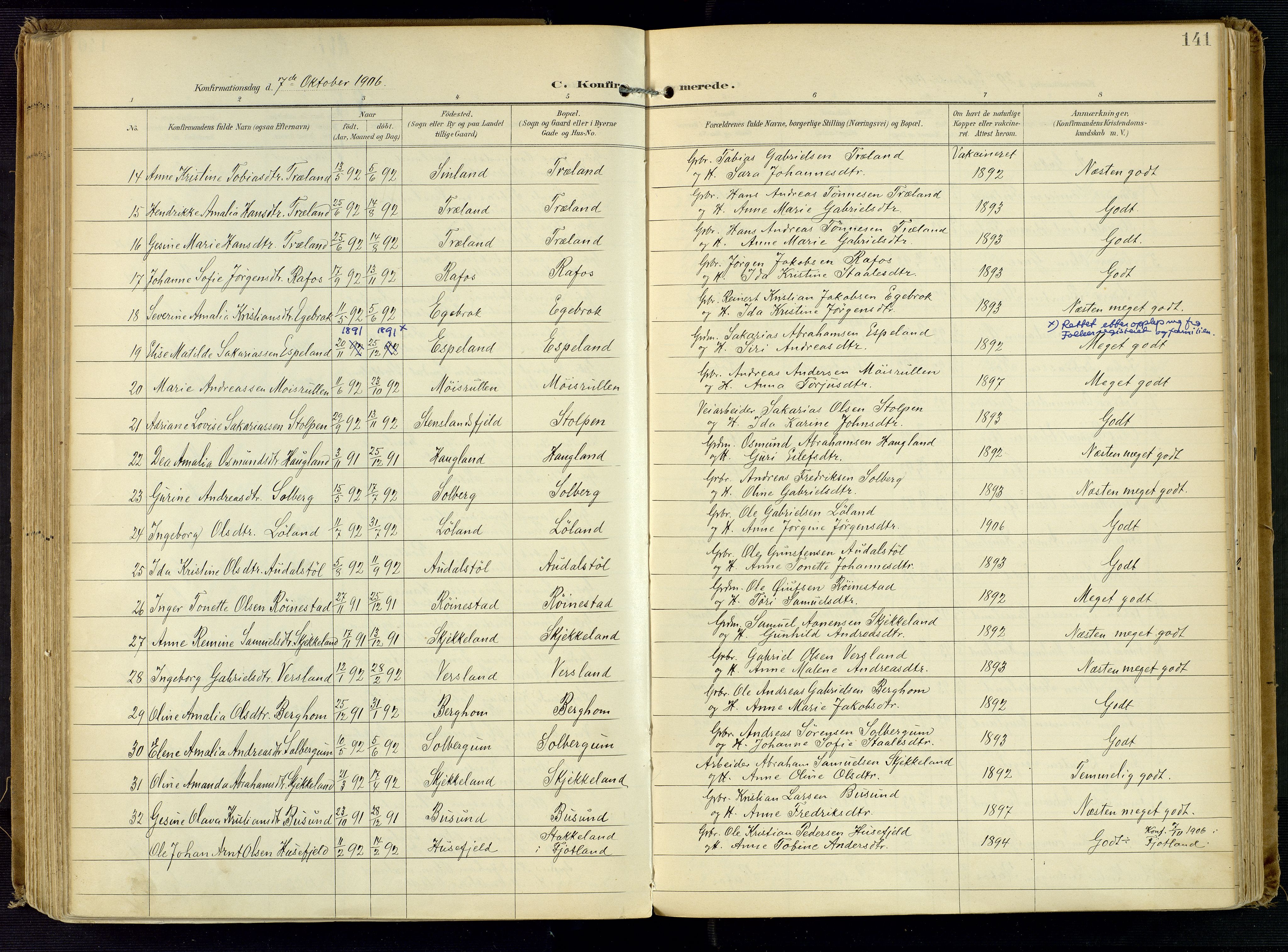 Kvinesdal sokneprestkontor, AV/SAK-1111-0026/F/Fa/Fab/L0009: Ministerialbok nr. A 9, 1898-1915, s. 141