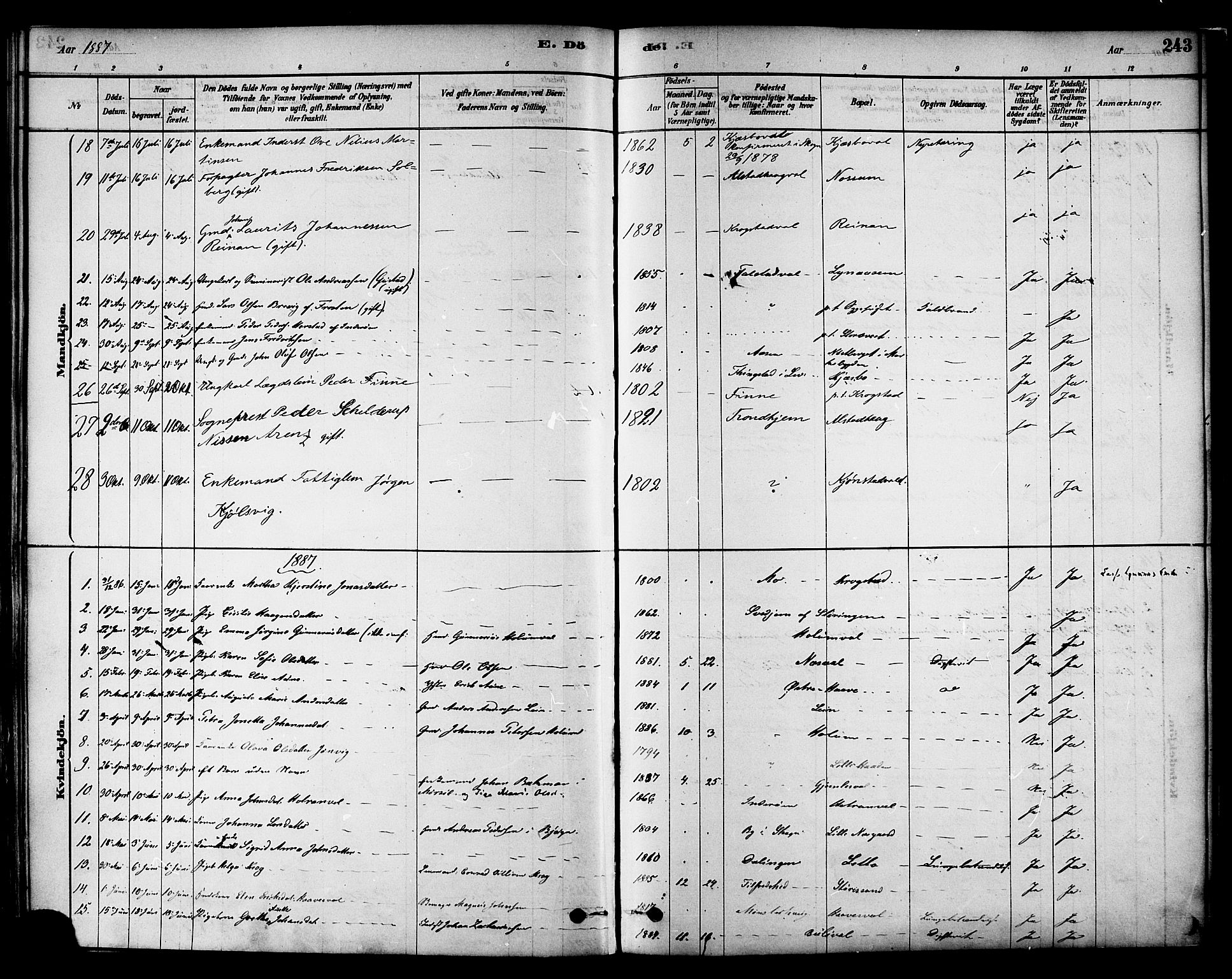 Ministerialprotokoller, klokkerbøker og fødselsregistre - Nord-Trøndelag, AV/SAT-A-1458/717/L0159: Ministerialbok nr. 717A09, 1878-1898, s. 243