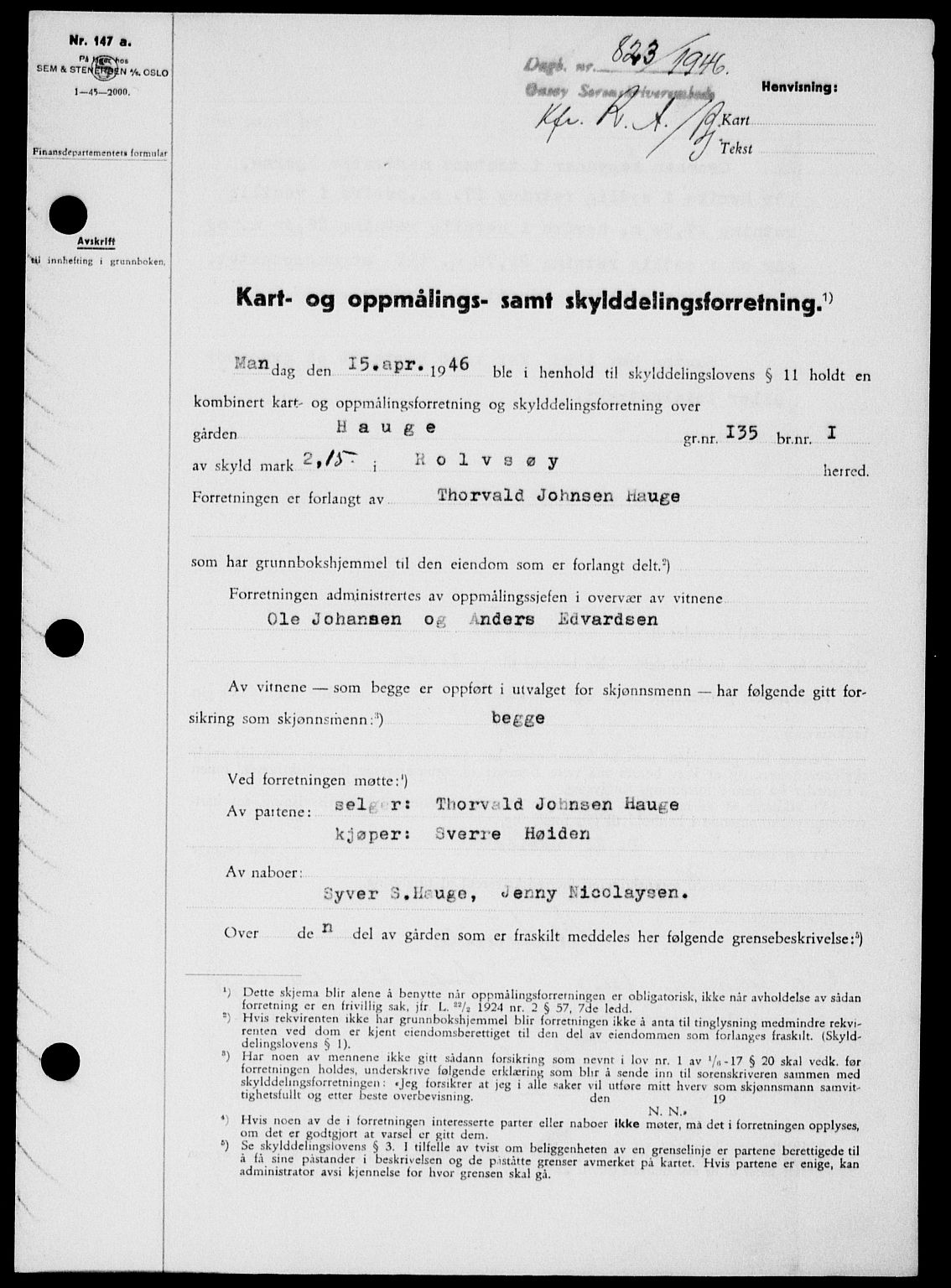 Onsøy sorenskriveri, SAO/A-10474/G/Ga/Gab/L0016: Pantebok nr. II A-16, 1946-1946, Dagboknr: 823/1946