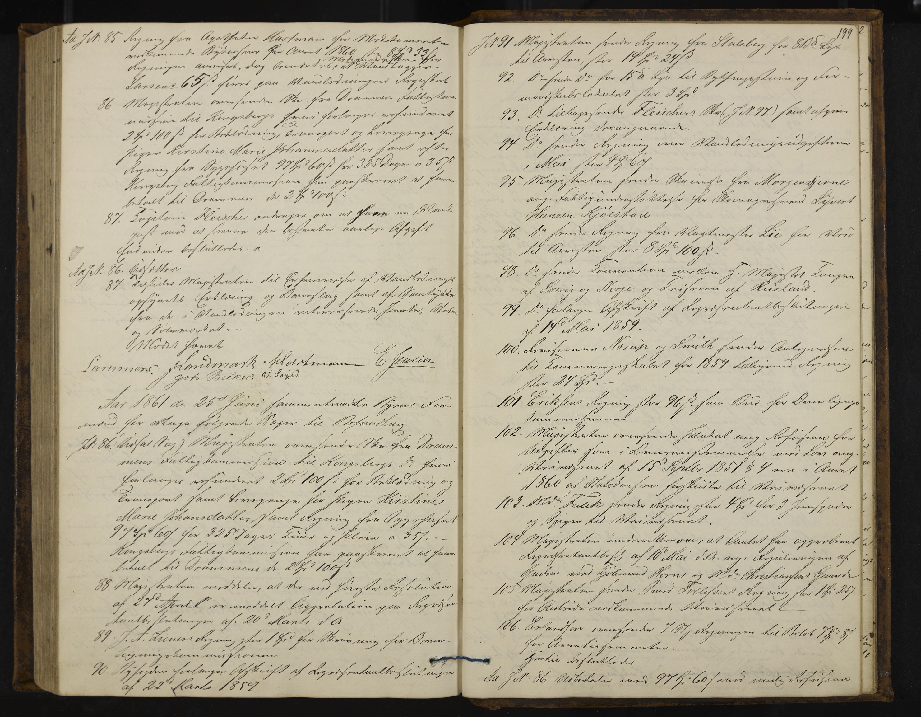 Kongsberg formannskap og sentraladministrasjon, IKAK/0604021-1/A/L0003: Møtebok med register, 1856-1861, s. 199