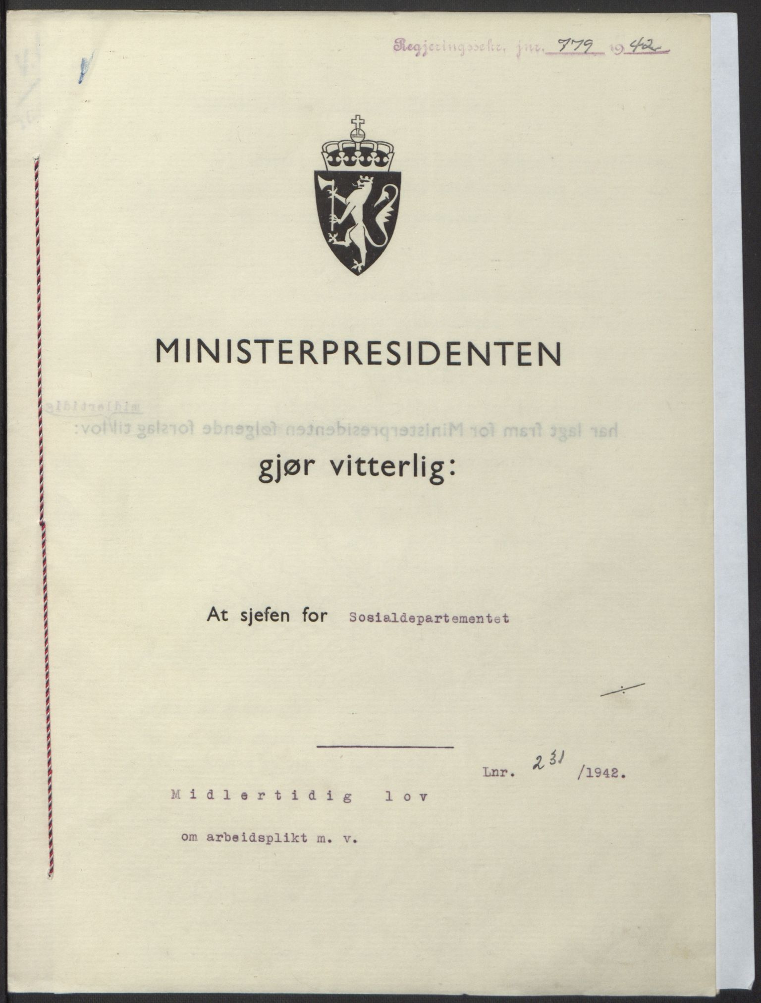 NS-administrasjonen 1940-1945 (Statsrådsekretariatet, de kommisariske statsråder mm), AV/RA-S-4279/D/Db/L0098: Lover II, 1942, s. 568