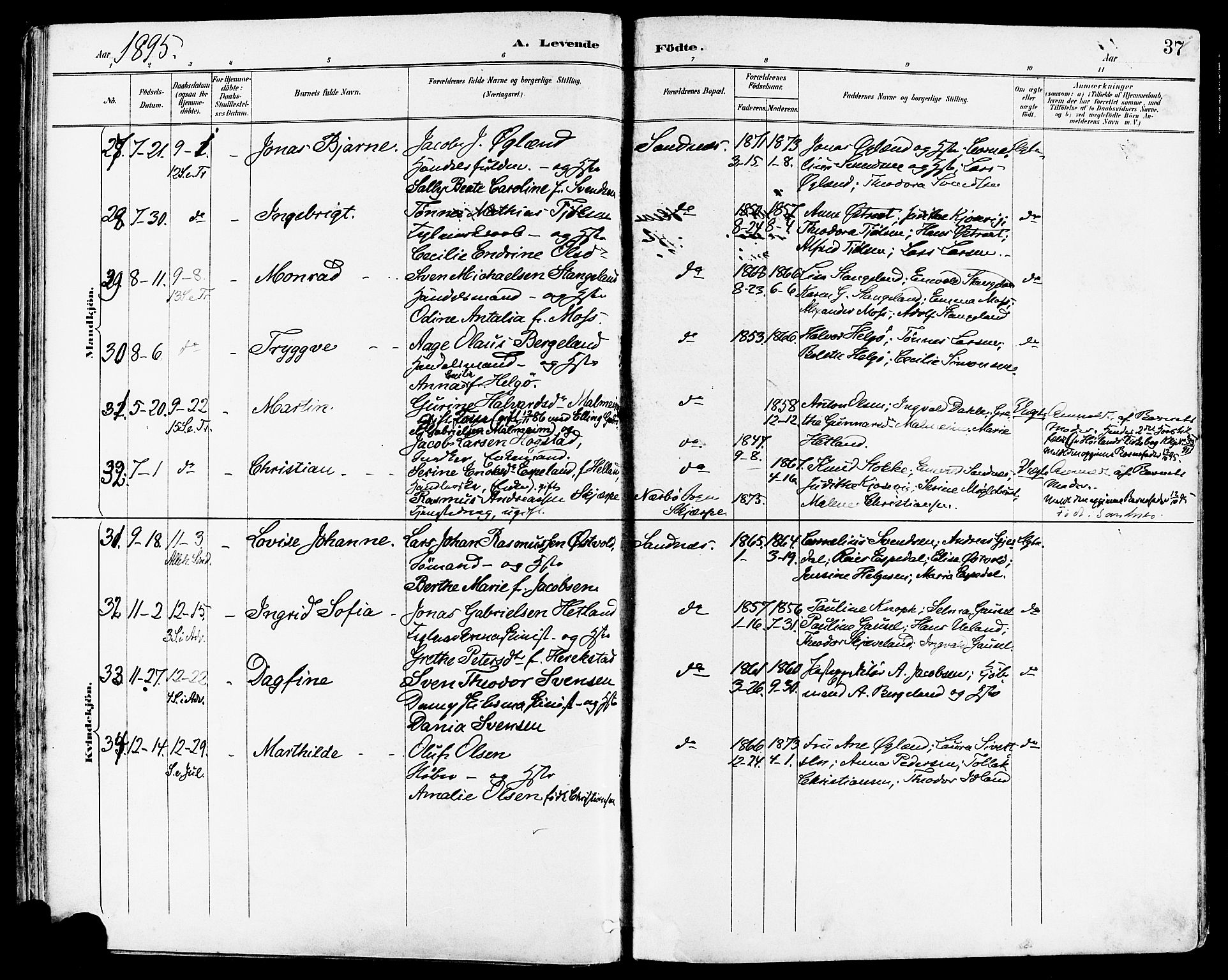 Høyland sokneprestkontor, AV/SAST-A-101799/001/30BA/L0014: Ministerialbok nr. A 12, 1890-1898, s. 37