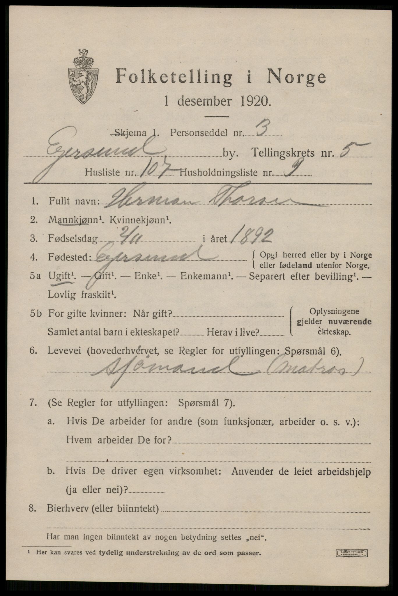 SAST, Folketelling 1920 for 1101 Egersund ladested, 1920, s. 9542