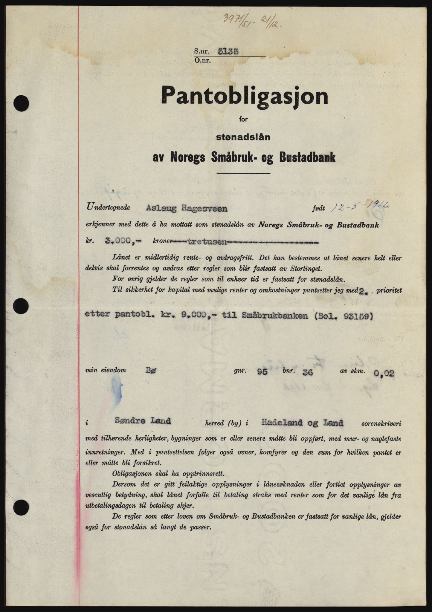 Hadeland og Land tingrett, SAH/TING-010/H/Hb/Hbc/L0022: Pantebok nr. B22, 1951-1951, Dagboknr: 3971/1951