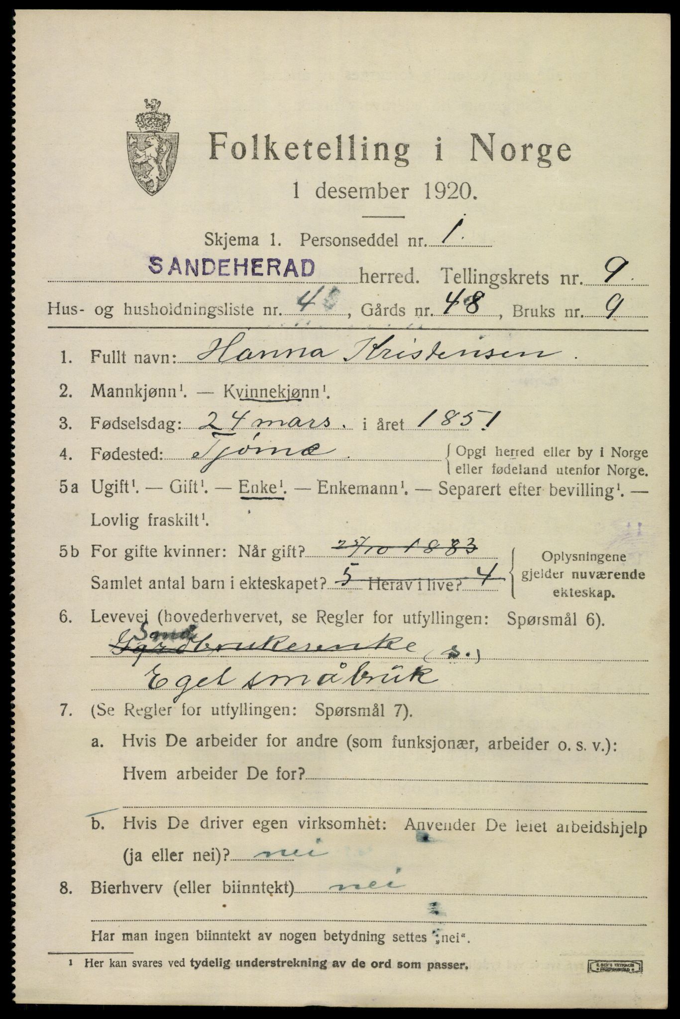 SAKO, Folketelling 1920 for 0724 Sandeherred herred, 1920, s. 14294