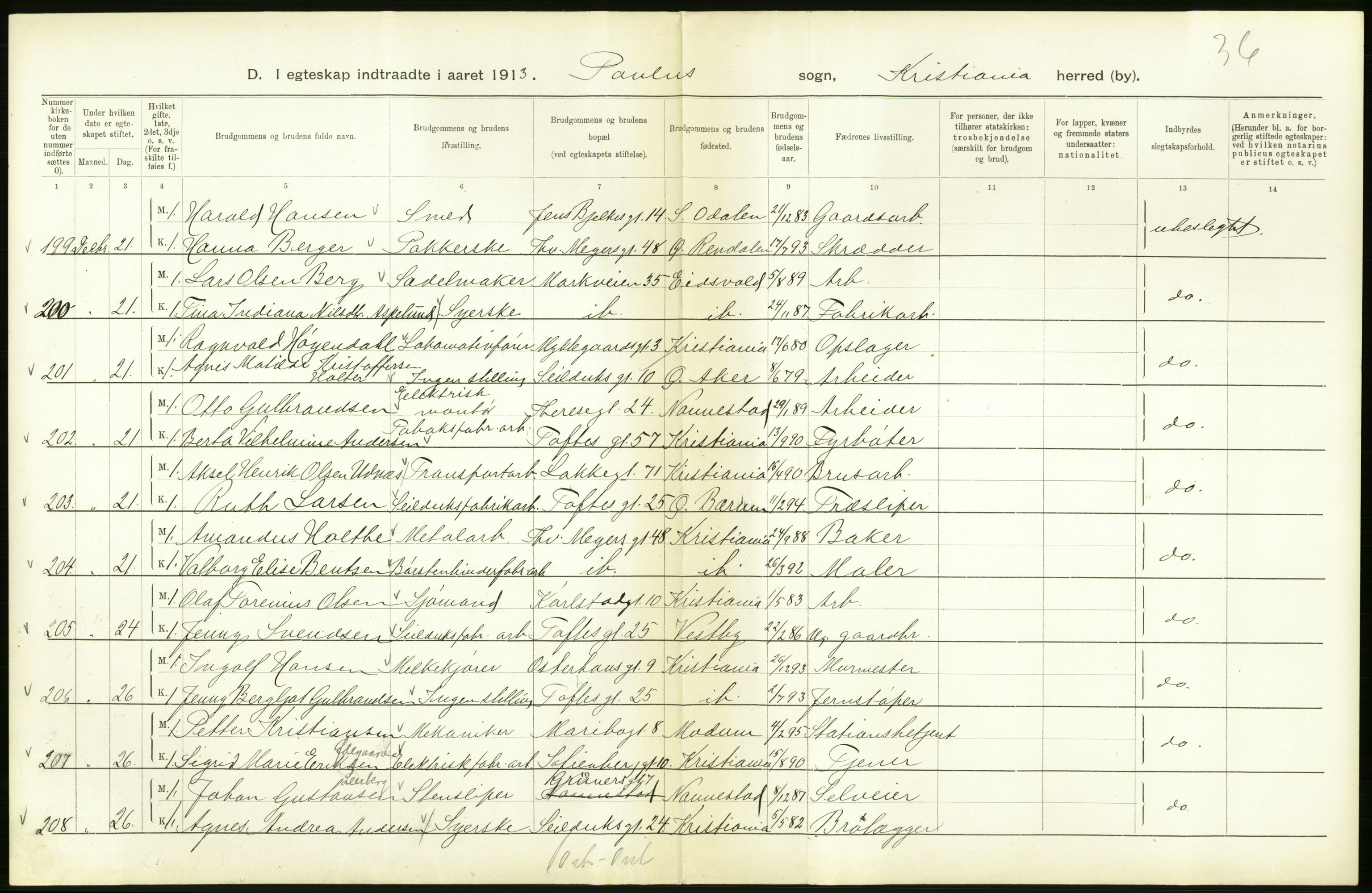 Statistisk sentralbyrå, Sosiodemografiske emner, Befolkning, AV/RA-S-2228/D/Df/Dfb/Dfbc/L0008: Kristiania: Gifte., 1913, s. 284