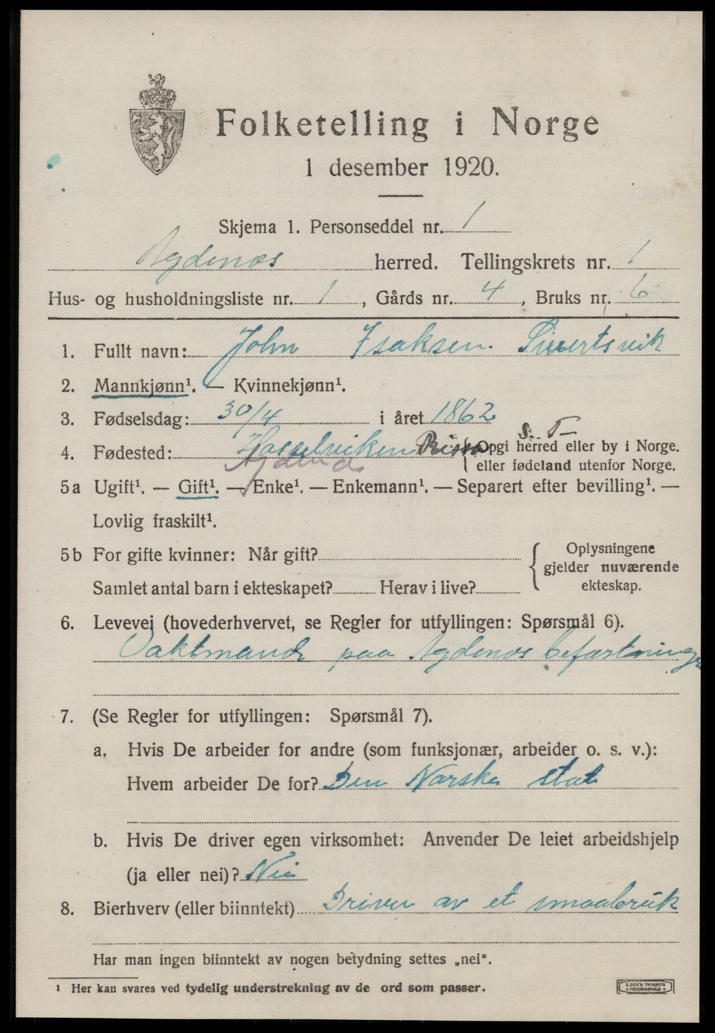 SAT, Folketelling 1920 for 1622 Agdenes herred, 1920, s. 501