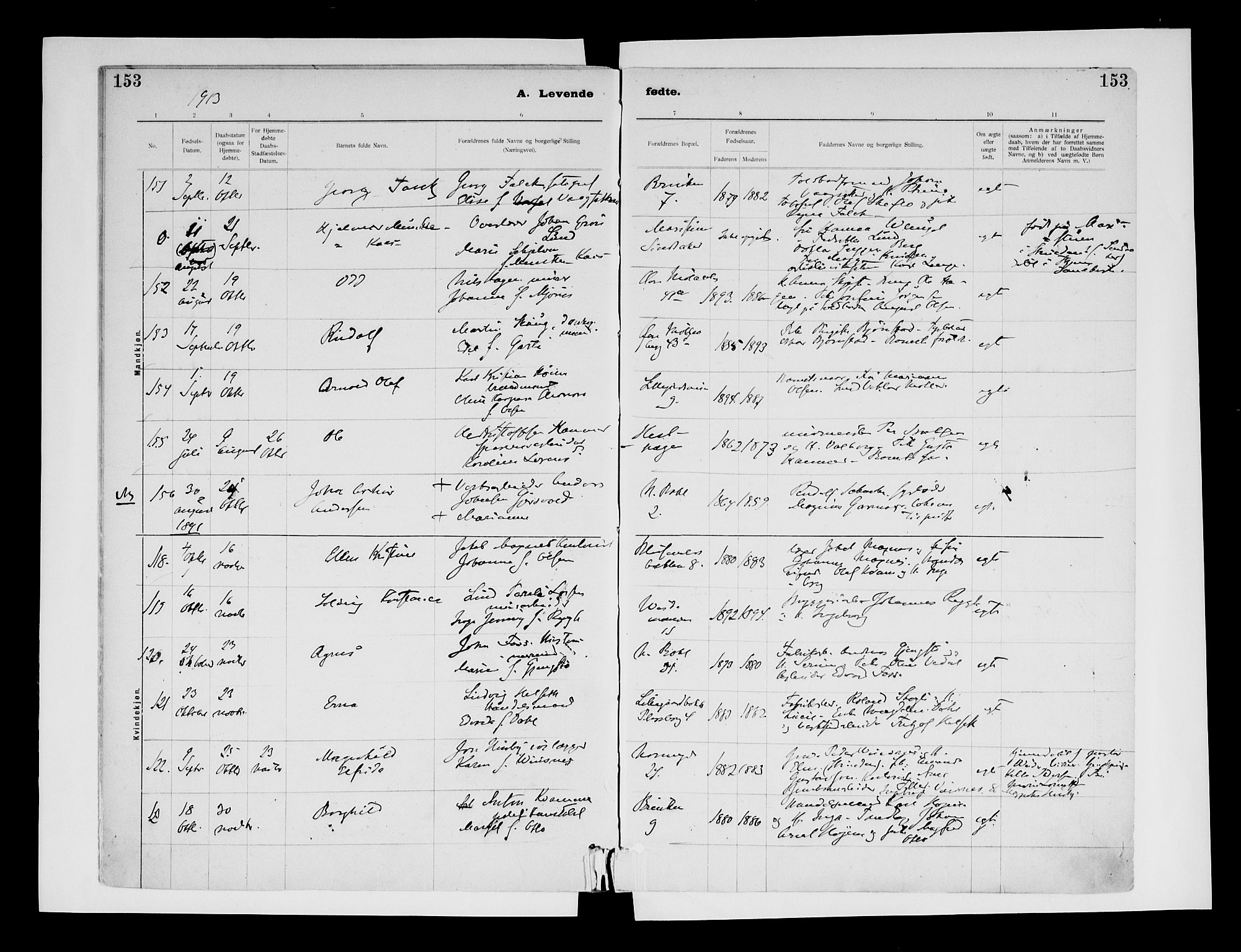 Ministerialprotokoller, klokkerbøker og fødselsregistre - Sør-Trøndelag, SAT/A-1456/604/L0203: Ministerialbok nr. 604A23, 1908-1916, s. 153
