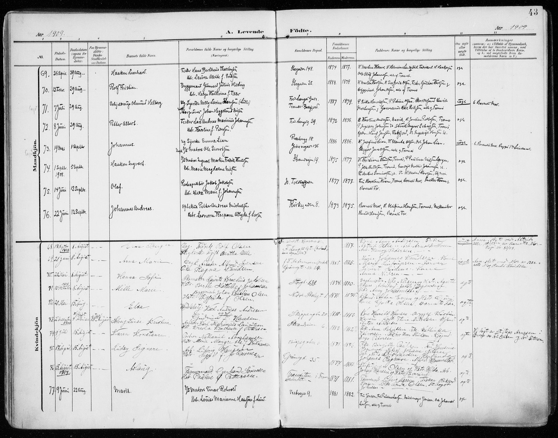 Tromsø sokneprestkontor/stiftsprosti/domprosti, AV/SATØ-S-1343/G/Ga/L0017kirke: Ministerialbok nr. 17, 1907-1917, s. 43