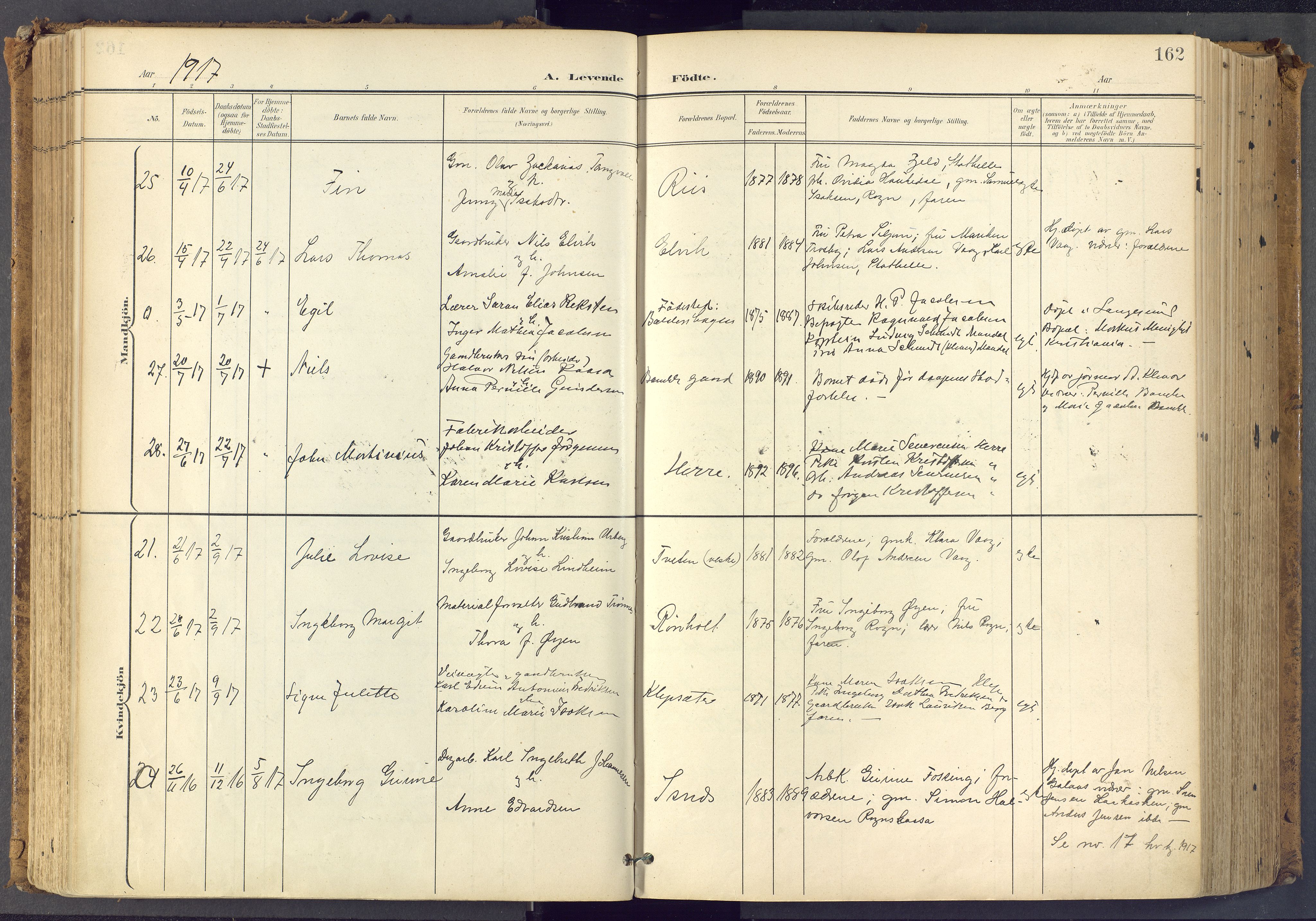 Bamble kirkebøker, AV/SAKO-A-253/F/Fa/L0009: Ministerialbok nr. I 9, 1901-1917, s. 162
