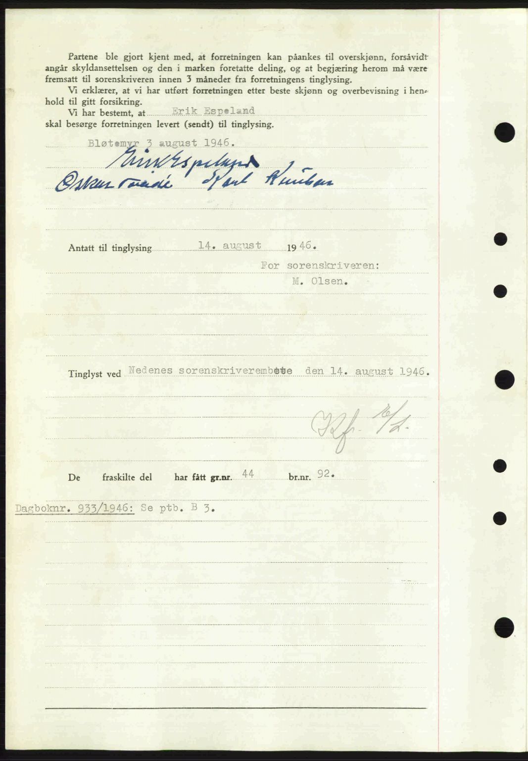 Nedenes sorenskriveri, AV/SAK-1221-0006/G/Gb/Gba/L0055: Pantebok nr. A7, 1946-1946, Dagboknr: 932/1946