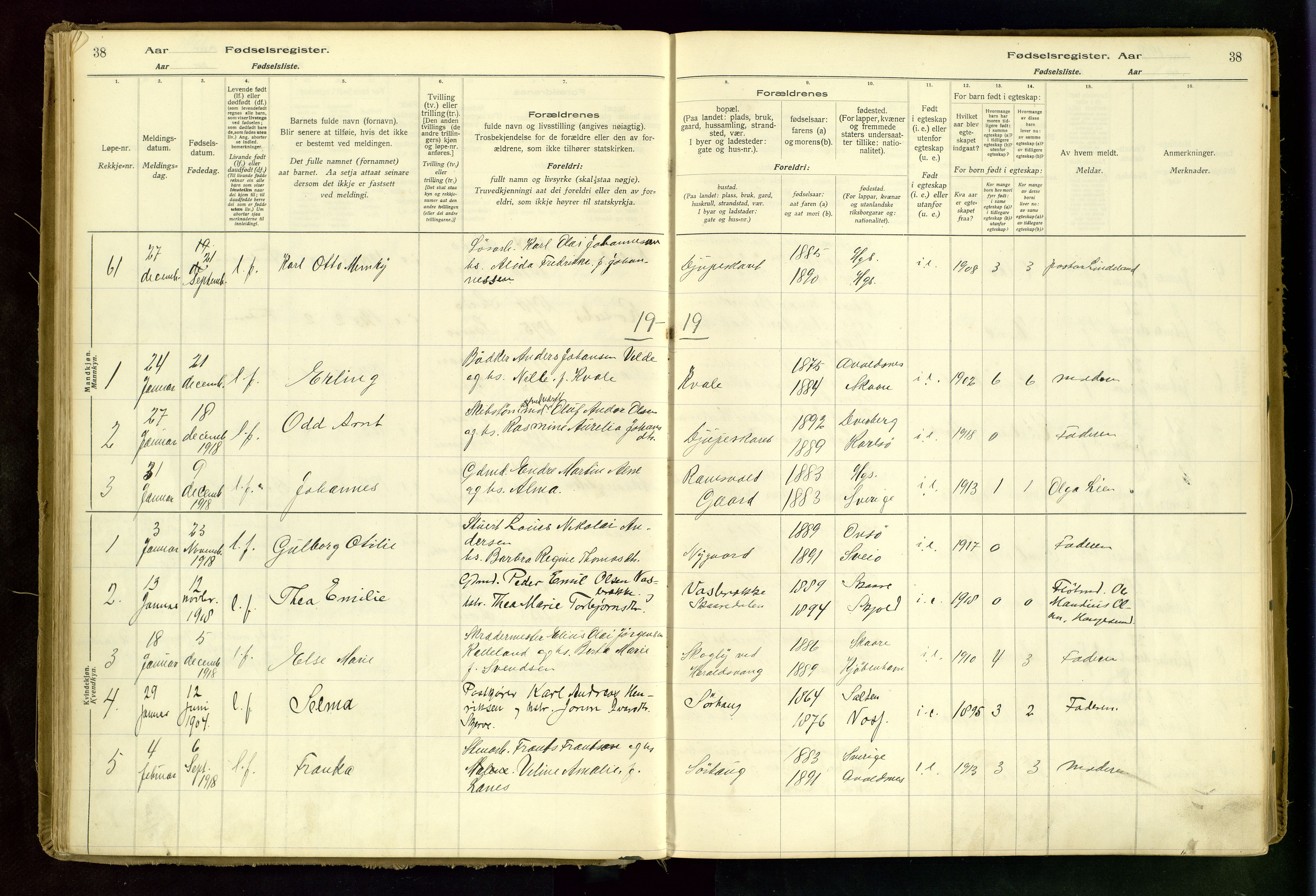 Haugesund sokneprestkontor, AV/SAST-A -101863/I/Id/L0001: Fødselsregister nr. 1, 1916-1935, s. 38