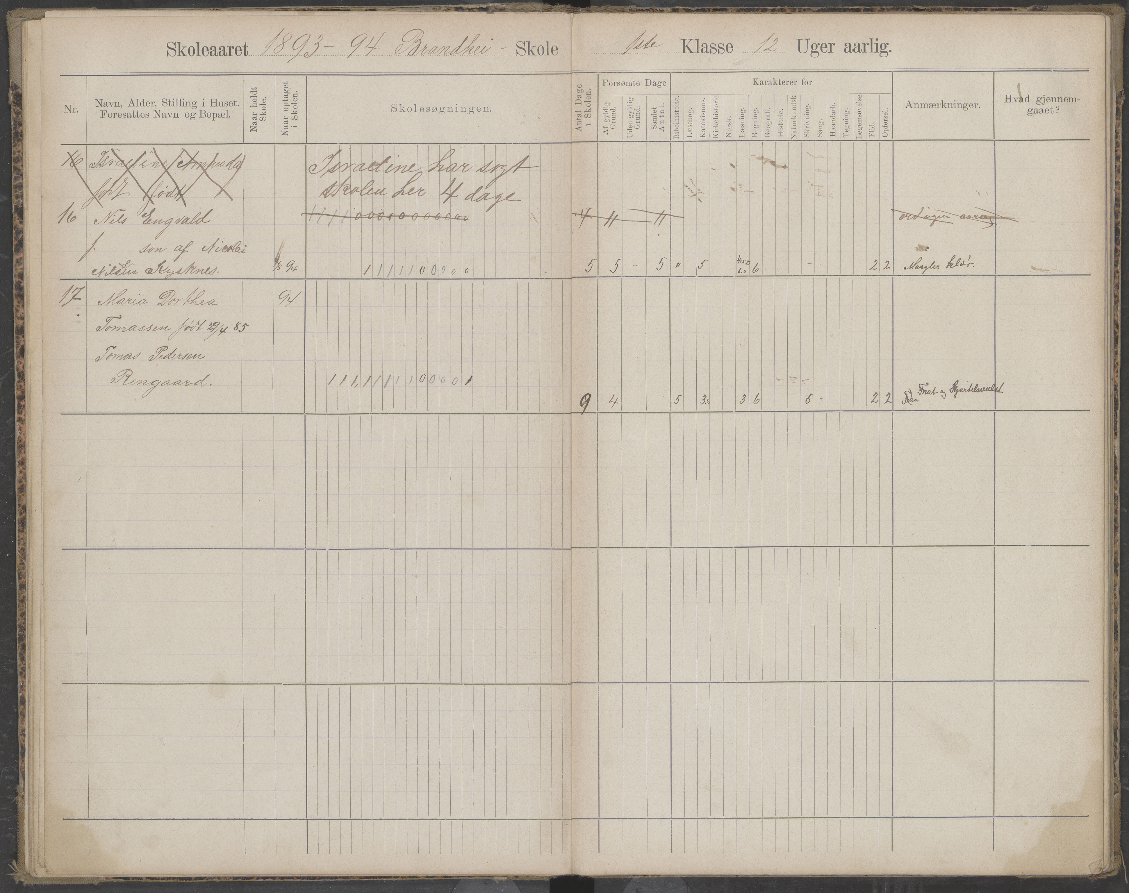 Beiarn kommune. Brandhei skolekrets, AIN/K-18390.510.03/442/L0003: Karakter/oversiktsprotokoll, 1893-1910