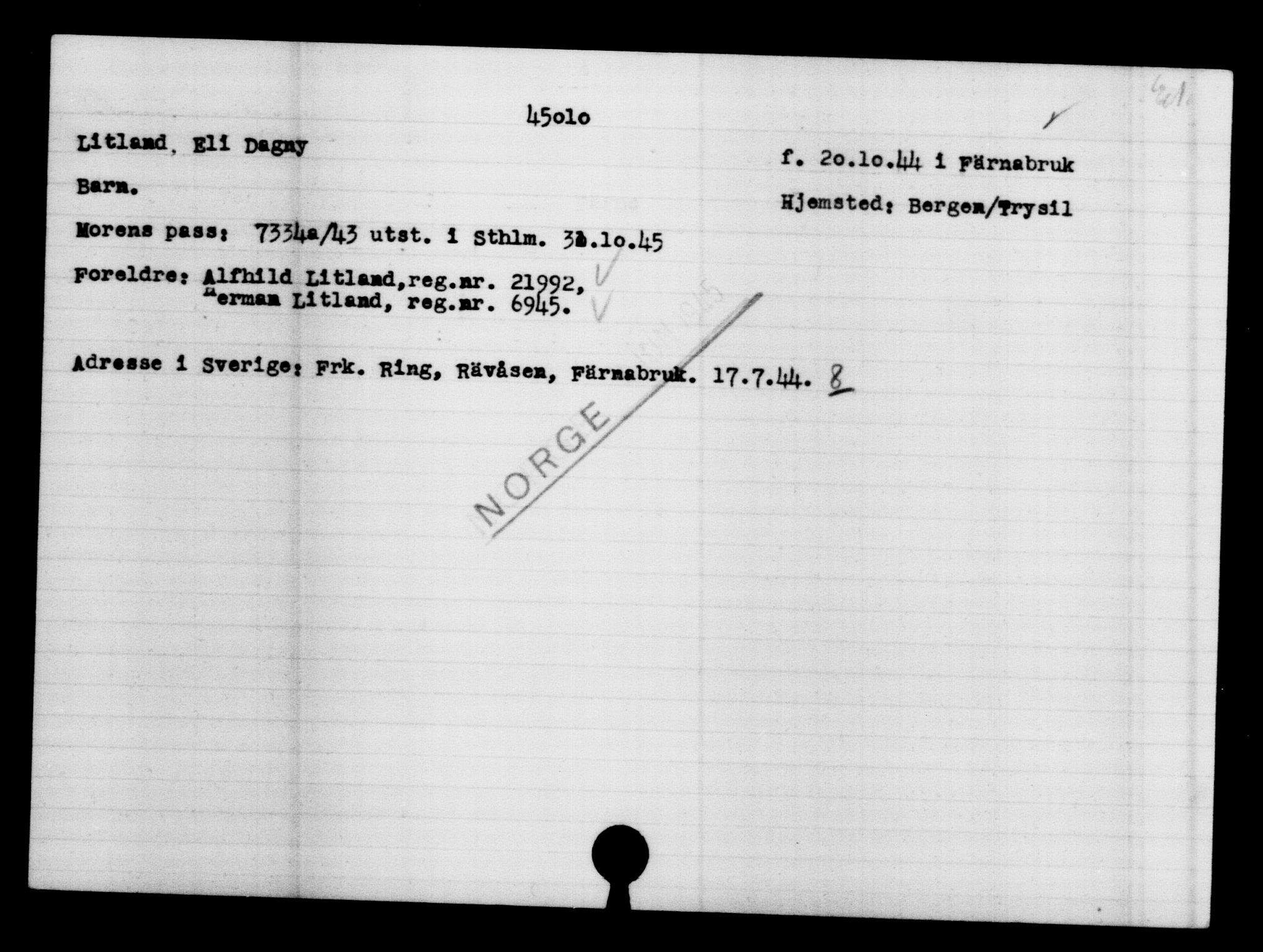 Utenriksstasjonene, Legasjonen i Stockholm, Flyktningkontoret, AV/RA-S-6753/V/Va/L0017: Kjesäterkartoteket, flyktninger med registreringsnr. 43400-46318, 1940-1945, s. 1682