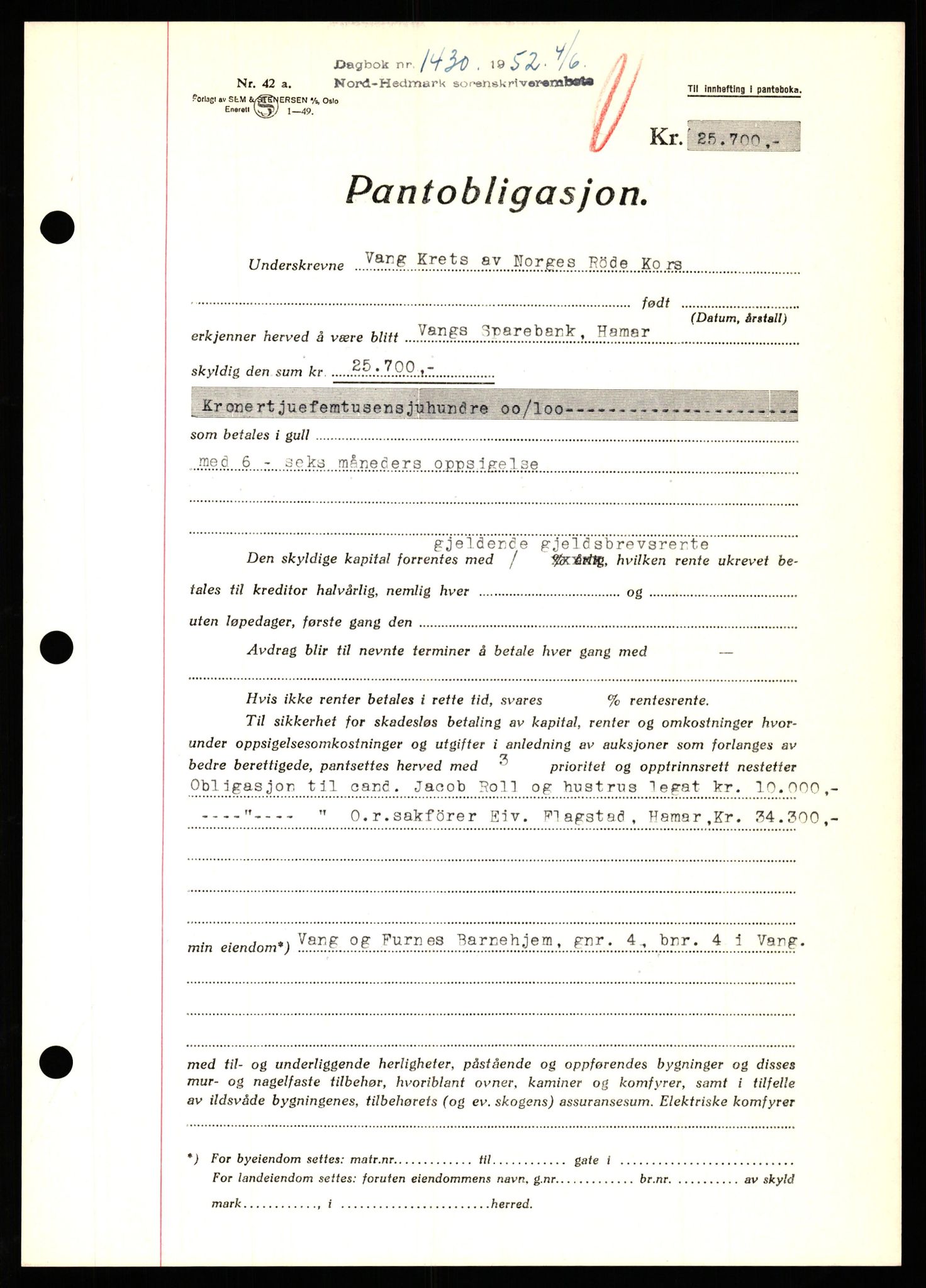 Nord-Hedmark sorenskriveri, SAH/TING-012/H/Hb/Hbf/L0025: Pantebok nr. B25, 1952-1952, Dagboknr: 1430/1952