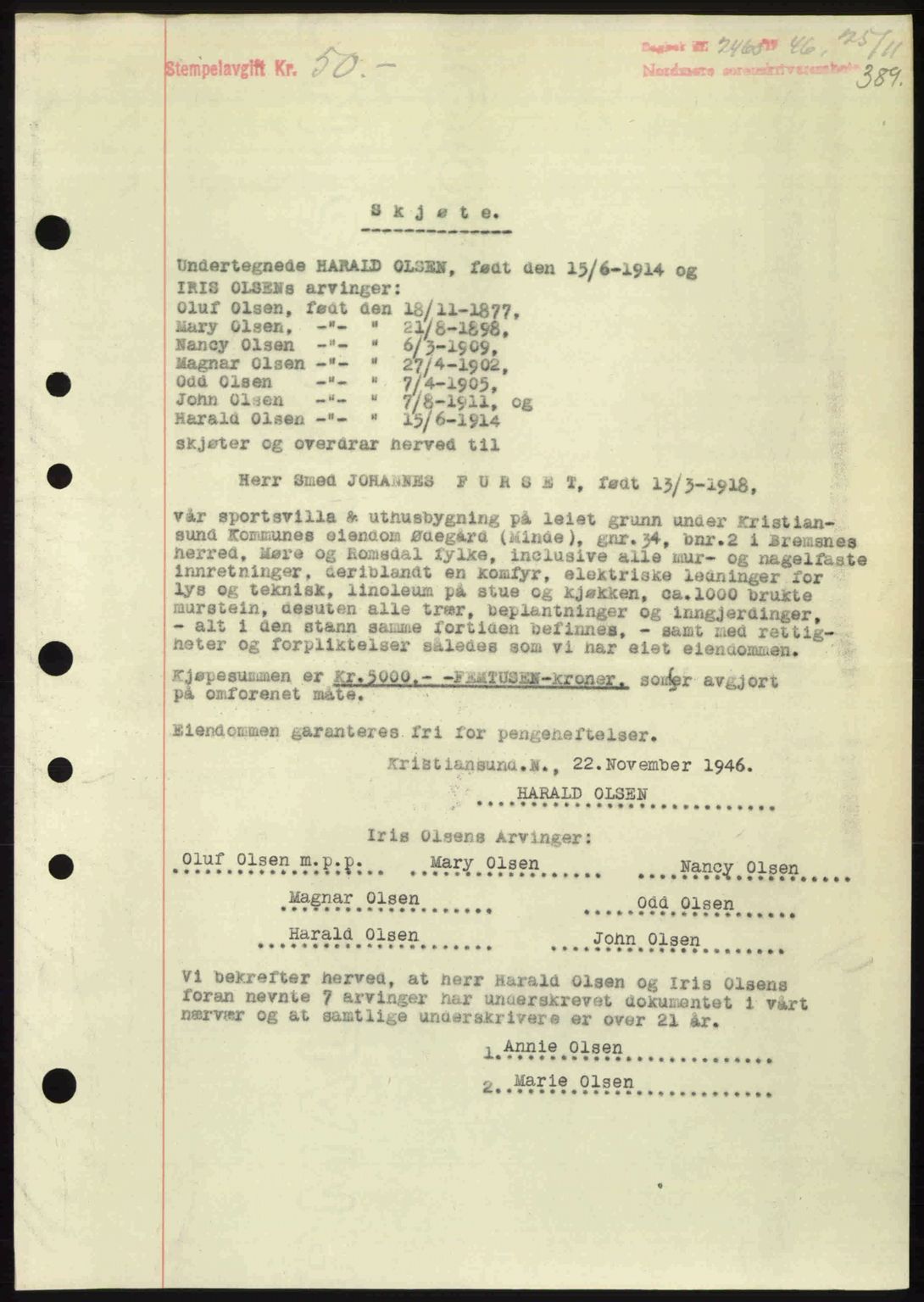 Nordmøre sorenskriveri, SAT/A-4132/1/2/2Ca: Pantebok nr. A103, 1946-1947, Dagboknr: 2460/1946