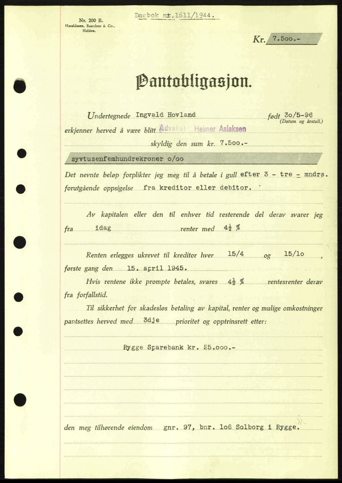 Moss sorenskriveri, SAO/A-10168: Pantebok nr. B13, 1943-1945, Dagboknr: 1611/1944
