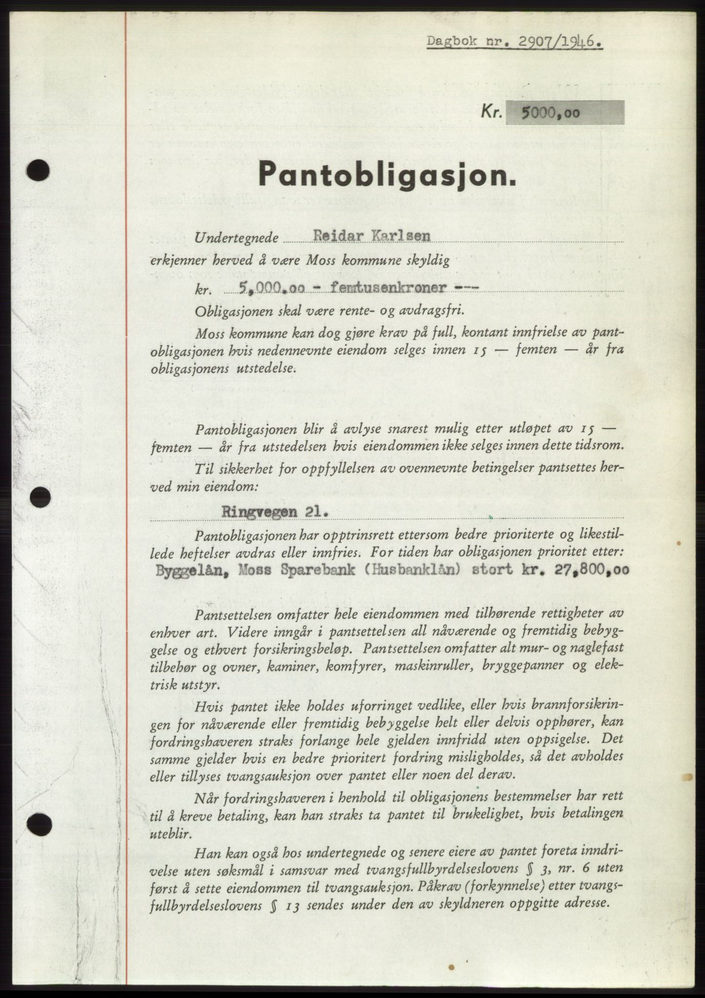 Moss sorenskriveri, SAO/A-10168: Pantebok nr. B16, 1946-1947, Dagboknr: 2907/1946