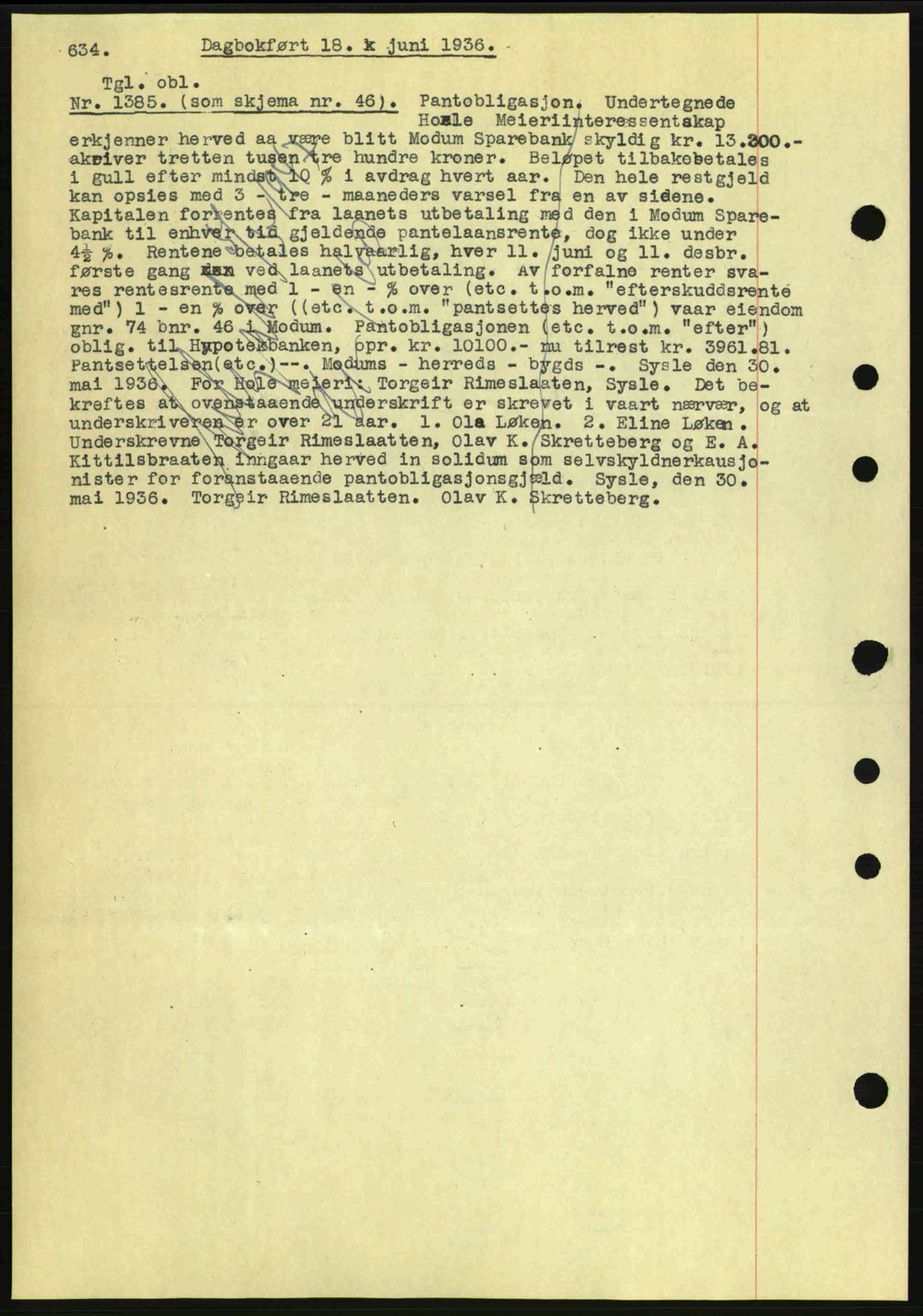 Eiker, Modum og Sigdal sorenskriveri, SAKO/A-123/G/Ga/Gab/L0032: Pantebok nr. A2, 1936-1936, Dagboknr: 1385/1936