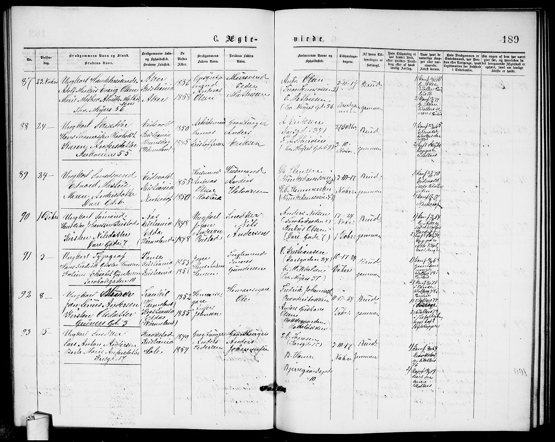 Paulus prestekontor Kirkebøker, AV/SAO-A-10871/G/Ga/L0001: Klokkerbok nr. 1, 1875-1878, s. 189