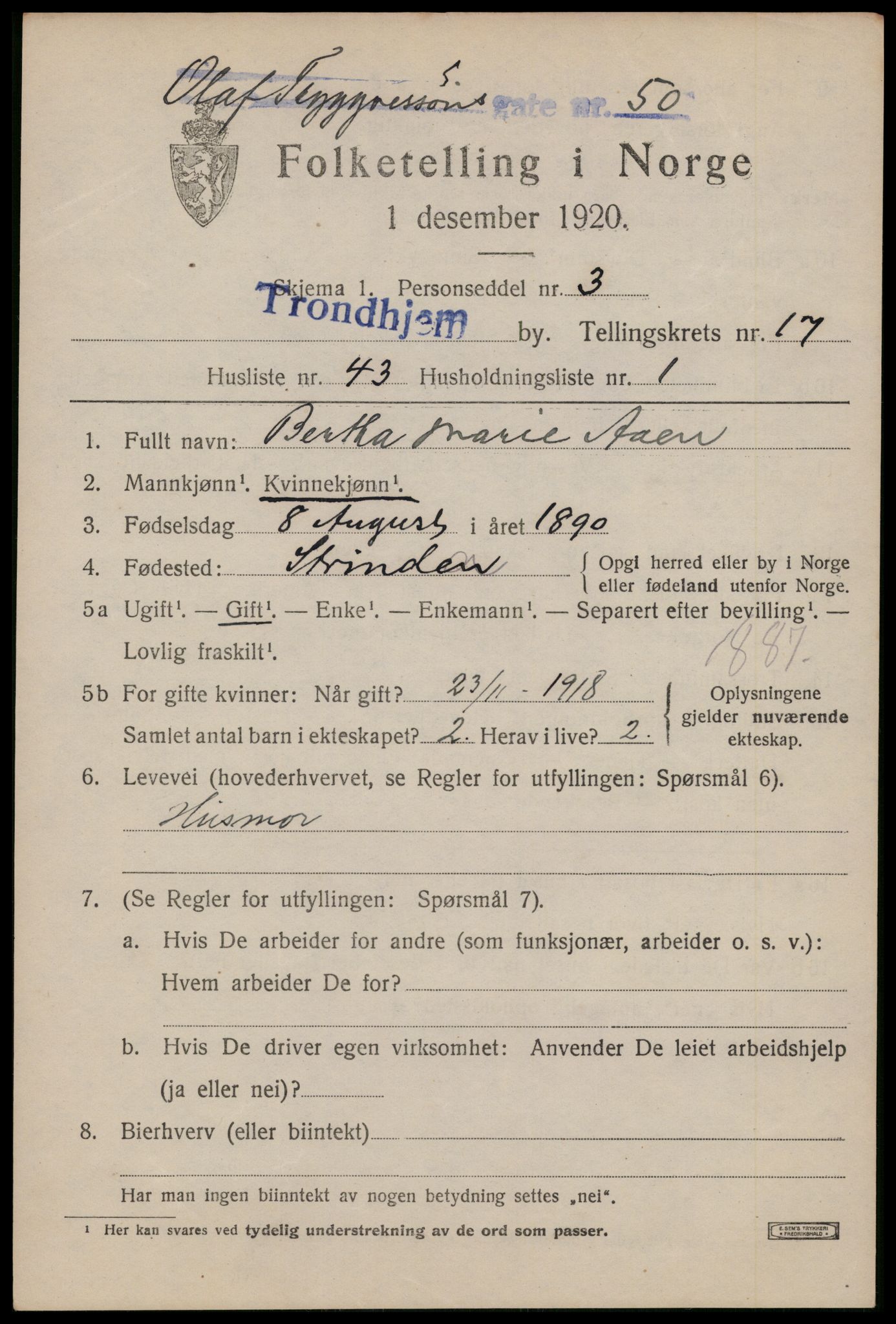 SAT, Folketelling 1920 for 1601 Trondheim kjøpstad, 1920, s. 56262