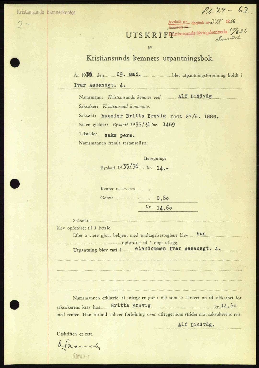 Kristiansund byfogd, SAT/A-4587/A/27: Pantebok nr. 29, 1936-1937, Dagboknr: 378/1936