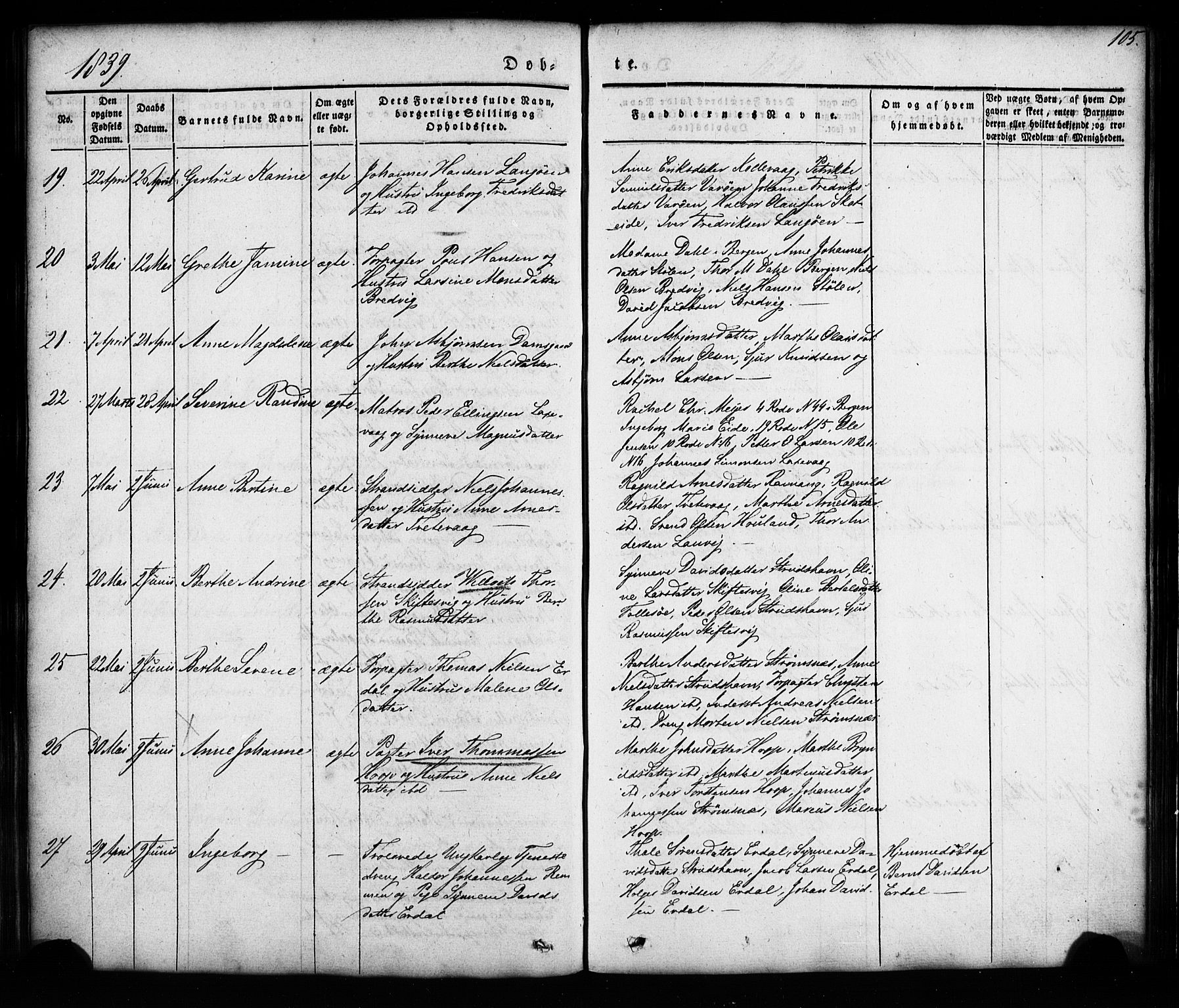 Askøy Sokneprestembete, AV/SAB-A-74101/H/Ha/Haa/Haaa/L0005: Ministerialbok nr. A 5, 1836-1852, s. 105