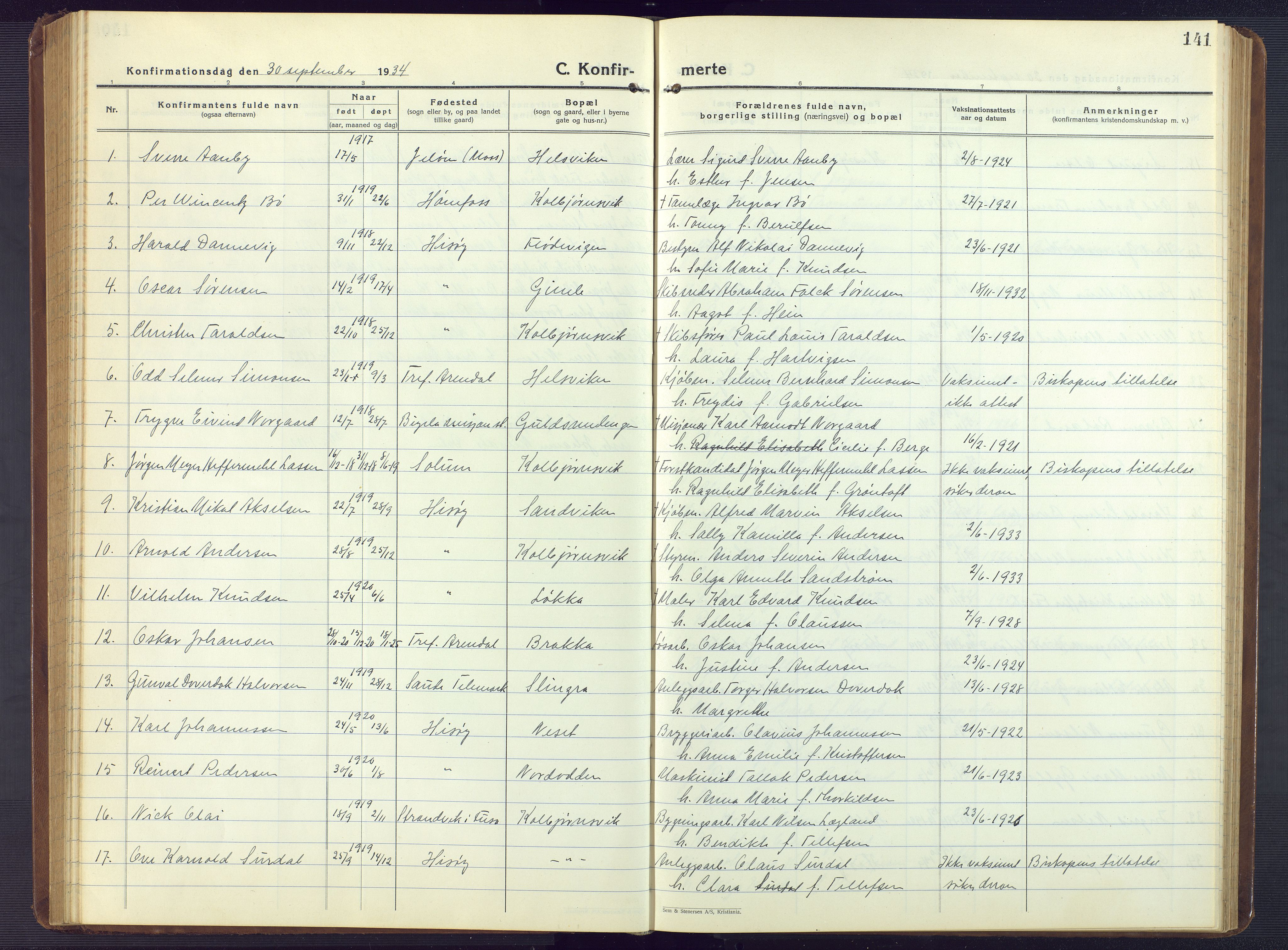 Hisøy sokneprestkontor, AV/SAK-1111-0020/F/Fb/L0005: Klokkerbok nr. B 5, 1924-1946, s. 141