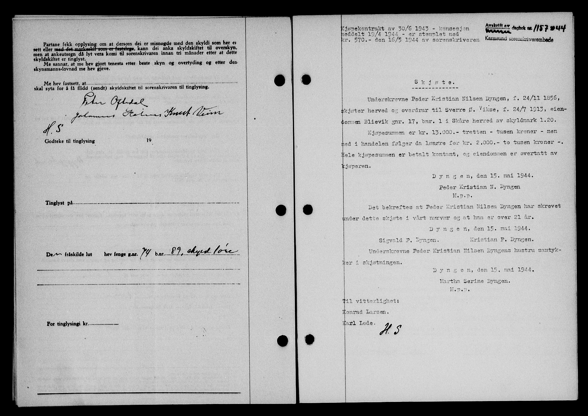 Karmsund sorenskriveri, SAST/A-100311/01/II/IIB/L0082: Pantebok nr. 63A, 1944-1944, Dagboknr: 1157/1944