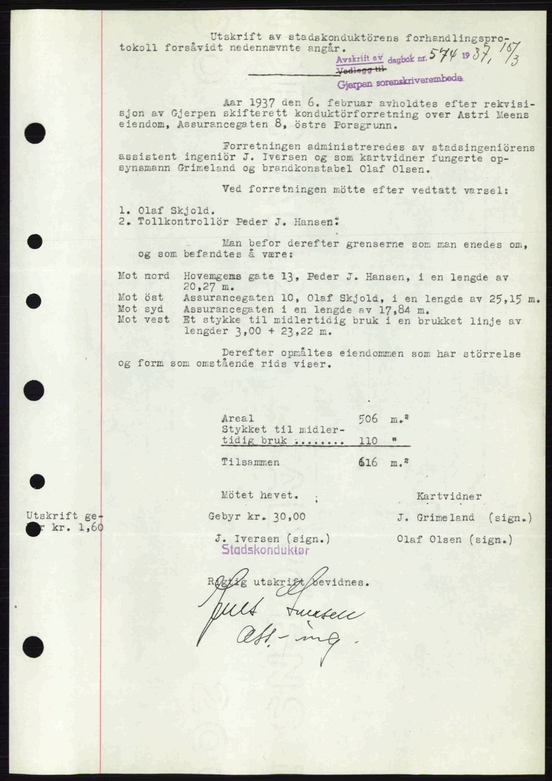 Gjerpen sorenskriveri, AV/SAKO-A-216/G/Ga/Gae/L0067: Pantebok nr. A-66 - A-68, 1936-1937, Dagboknr: 574/1937