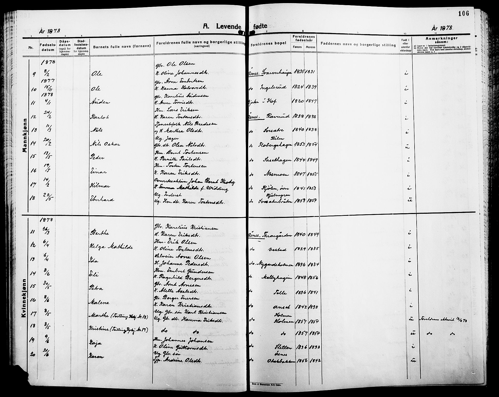 Åsnes prestekontor, AV/SAH-PREST-042/H/Ha/Haa/L0000B: Ministerialbok, 1870-1889, s. 106