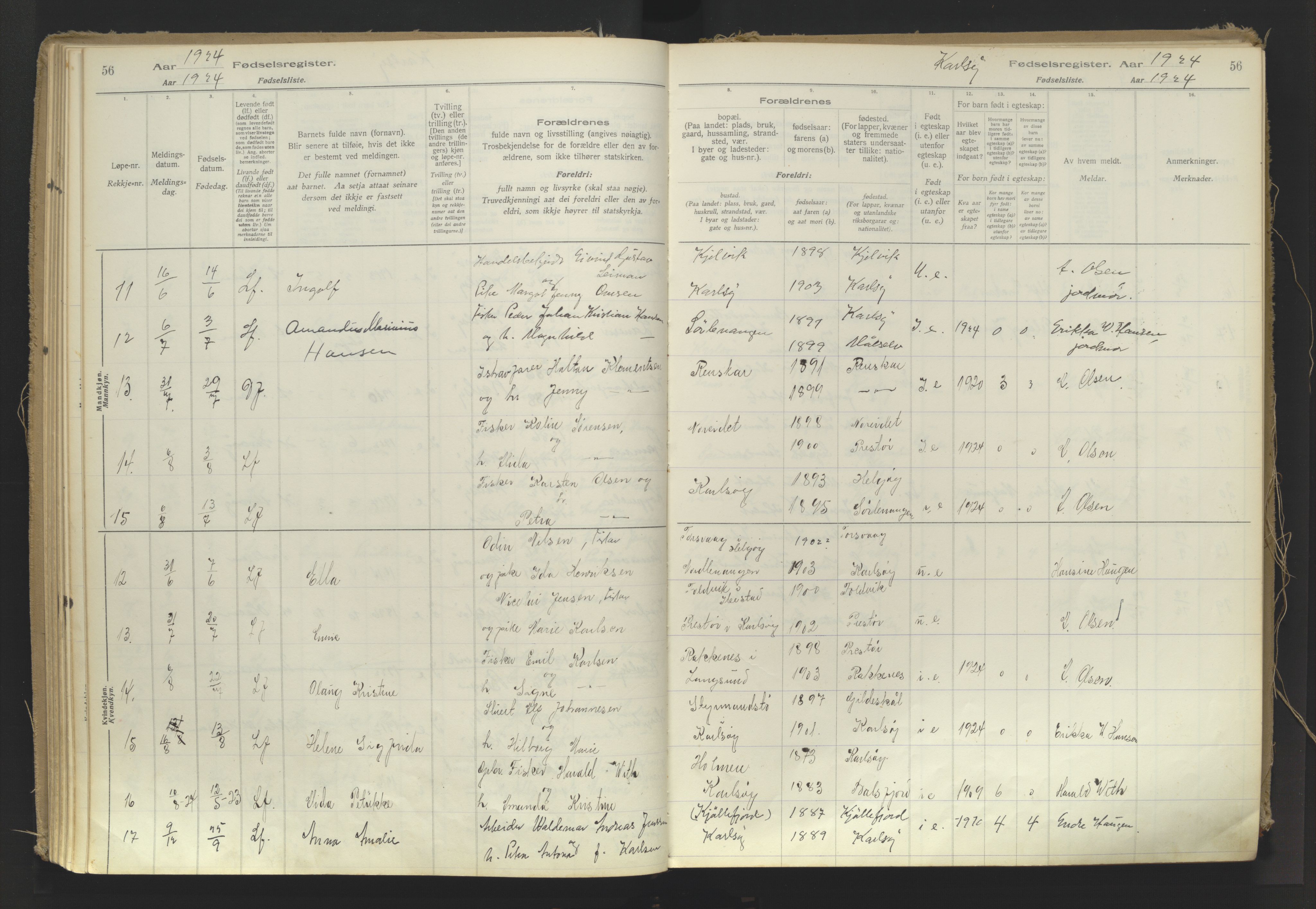 Karlsøy sokneprestembete, AV/SATØ-S-1299/I/Ic/L0064: Fødselsregister nr. 64, 1916-1943, s. 56