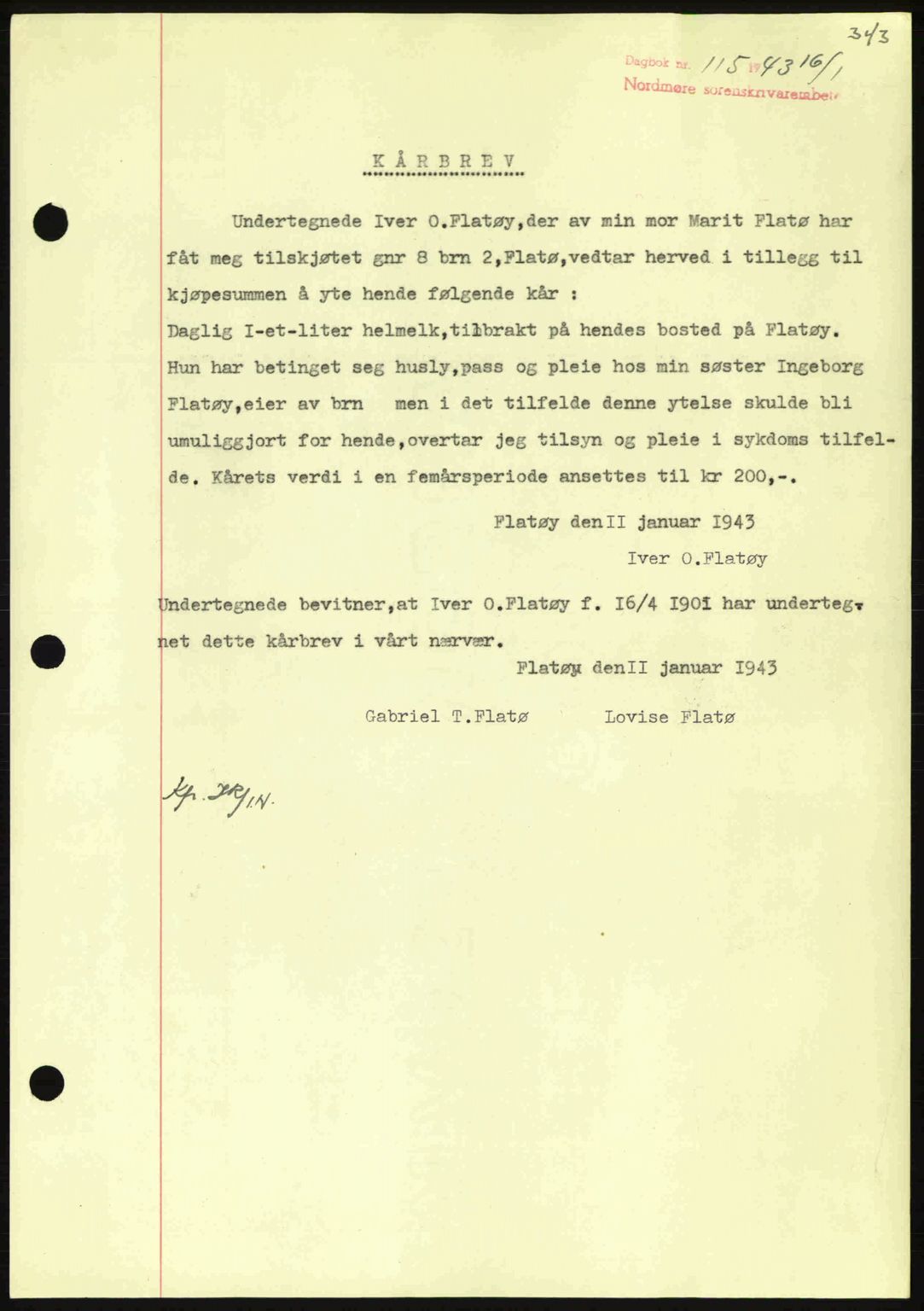 Nordmøre sorenskriveri, SAT/A-4132/1/2/2Ca: Pantebok nr. B90, 1942-1943, Dagboknr: 115/1943
