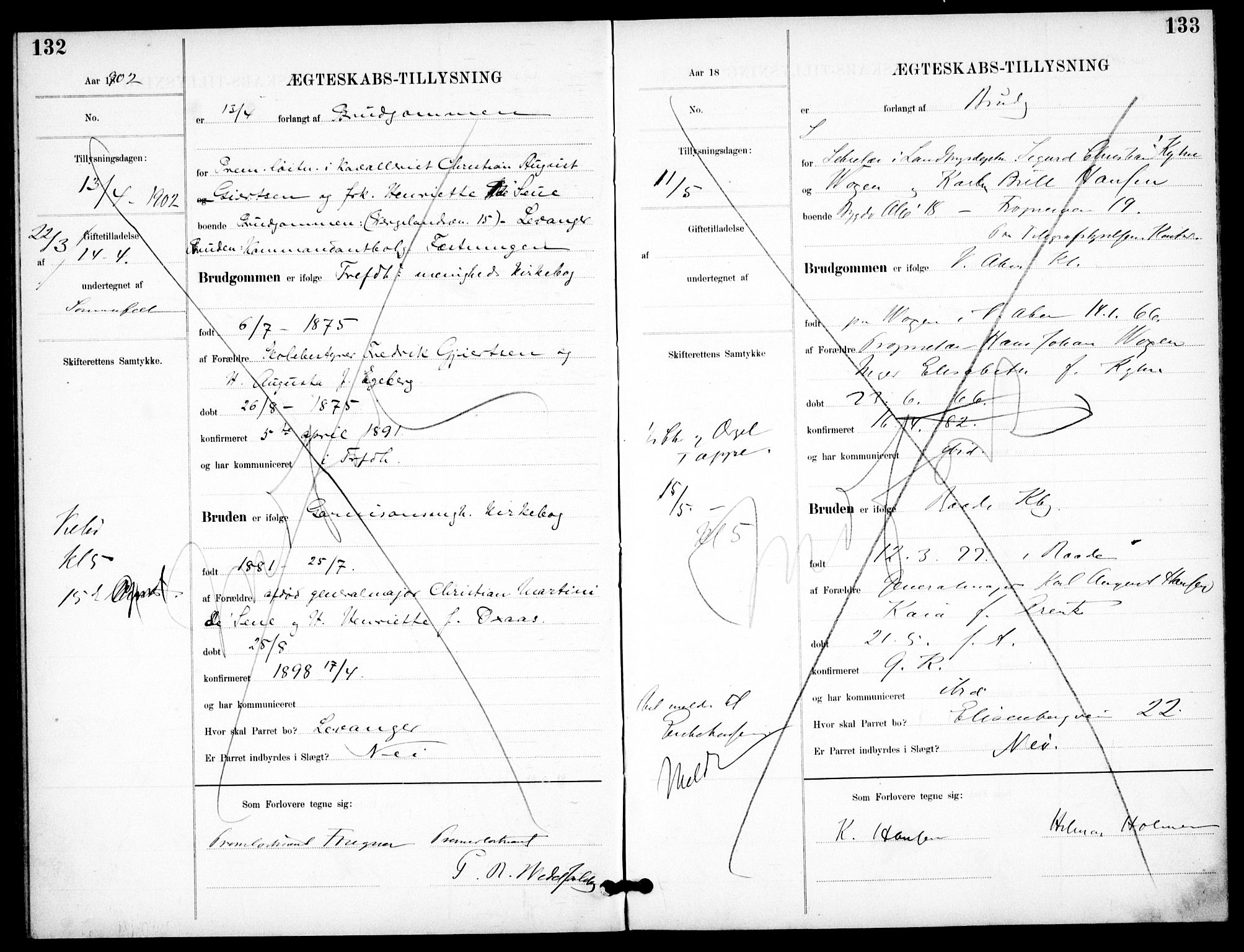 Garnisonsmenigheten Kirkebøker, SAO/A-10846/H/Ha/L0008: Lysningsprotokoll nr. I 8, 1894-1908, s. 132-133