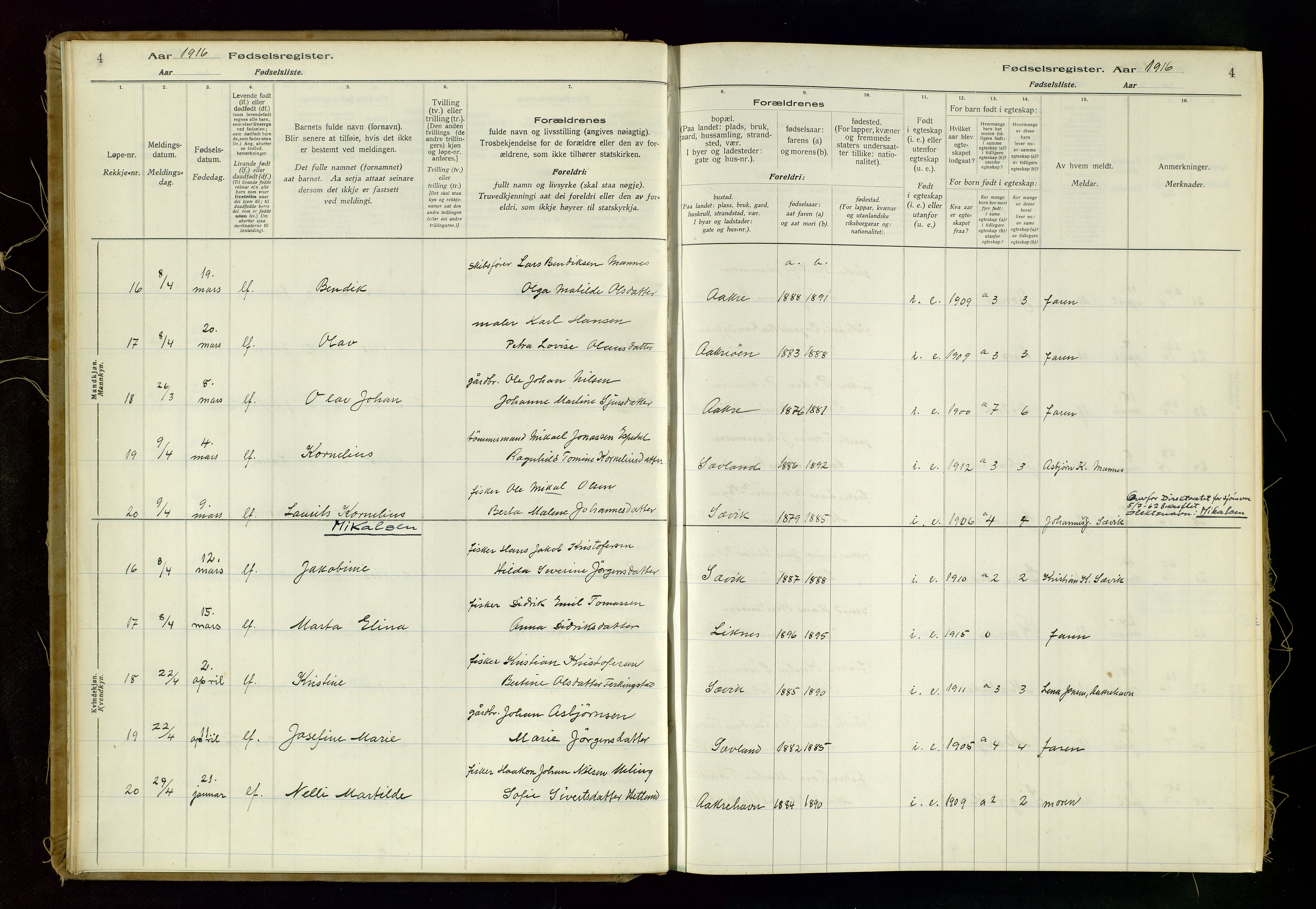 Kopervik sokneprestkontor, AV/SAST-A-101850/I/Id/L0006: Fødselsregister nr. 6, 1916-1934, s. 4