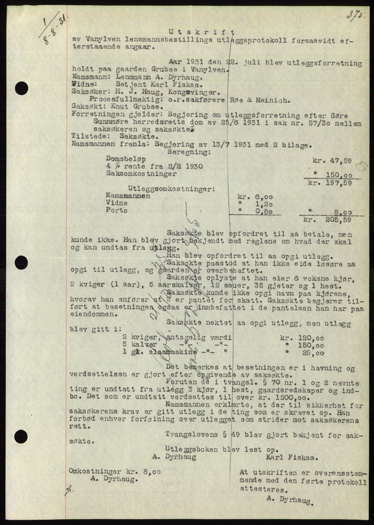 Søre Sunnmøre sorenskriveri, AV/SAT-A-4122/1/2/2C/L0052: Pantebok nr. 46, 1931-1931, Tingl.dato: 08.08.1931