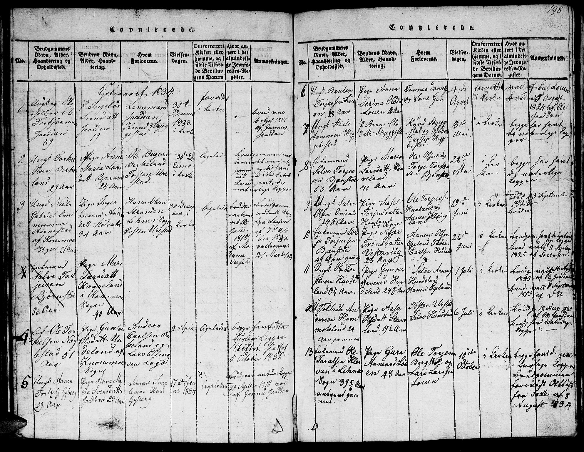 Hægebostad sokneprestkontor, SAK/1111-0024/F/Fb/Fba/L0001: Klokkerbok nr. B 1, 1815-1844, s. 198