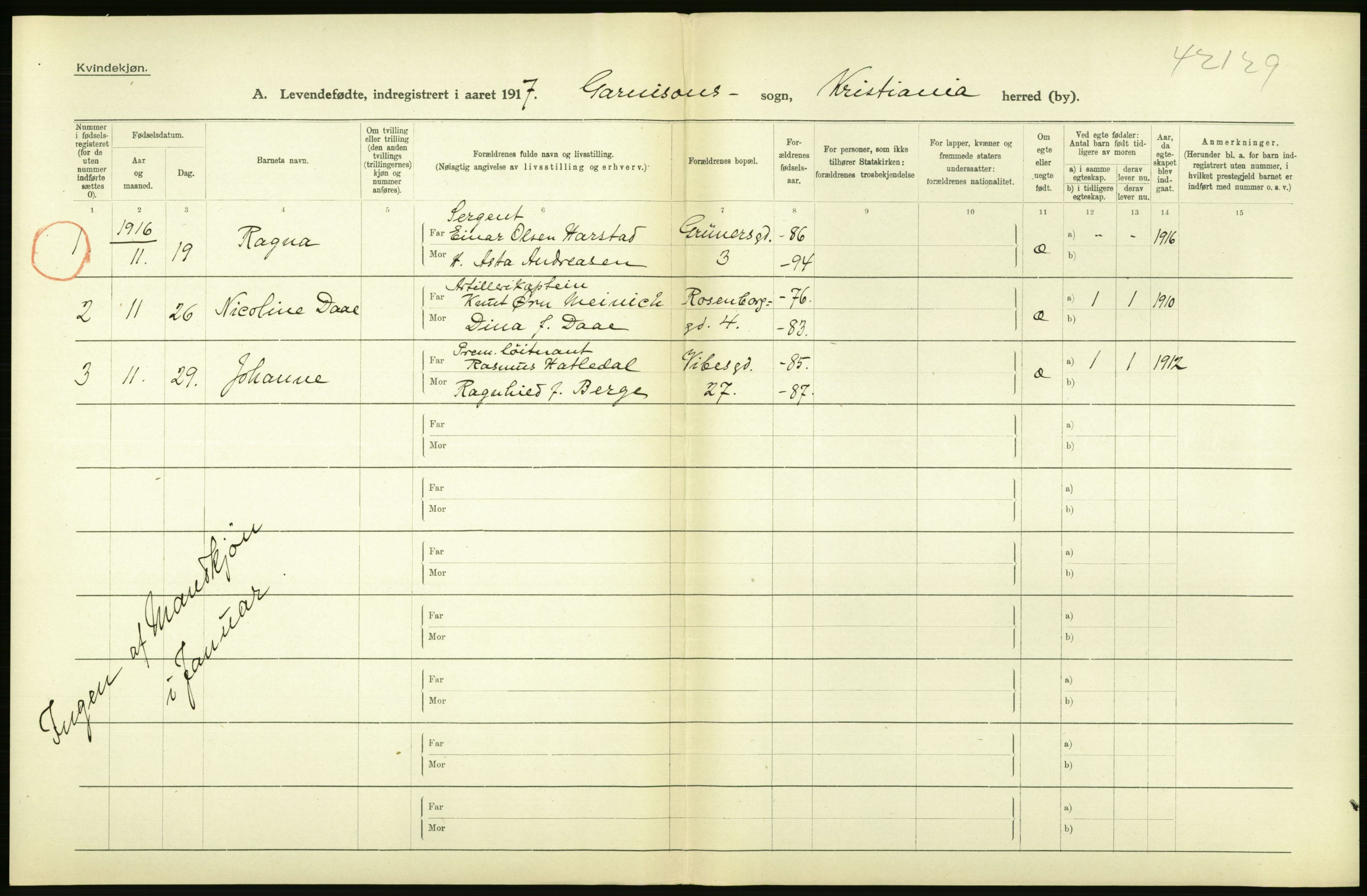 Statistisk sentralbyrå, Sosiodemografiske emner, Befolkning, RA/S-2228/D/Df/Dfb/Dfbg/L0007: Kristiania: Levendefødte menn og kvinner., 1917, s. 64