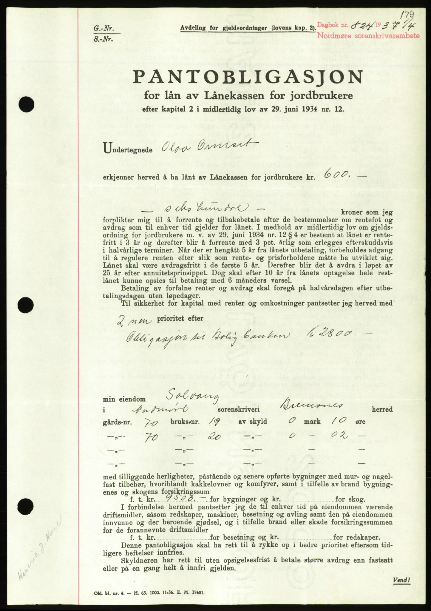 Nordmøre sorenskriveri, AV/SAT-A-4132/1/2/2Ca/L0091: Pantebok nr. B81, 1937-1937, Dagboknr: 824/1937