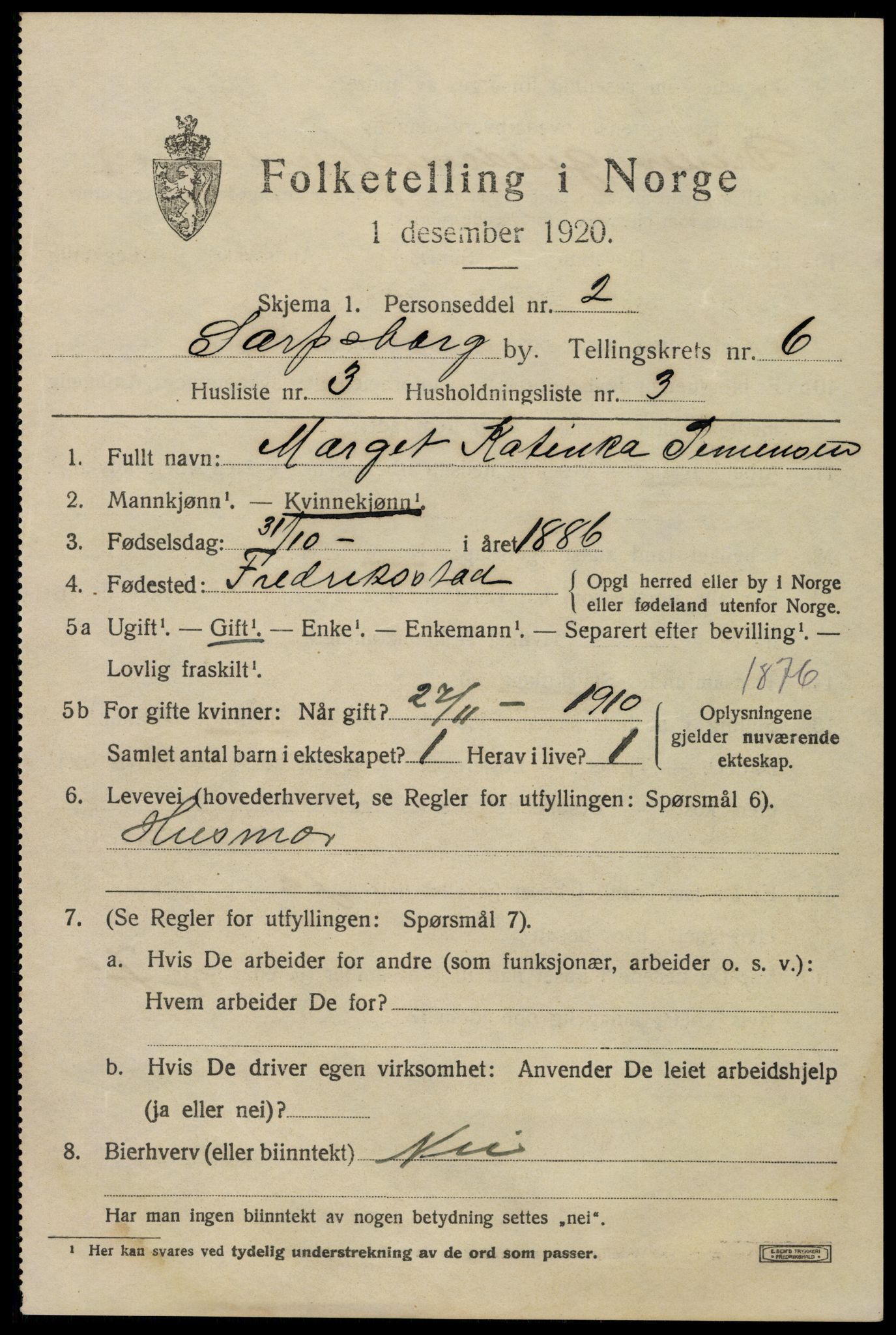 SAO, Folketelling 1920 for 0102 Sarpsborg kjøpstad, 1920, s. 14840