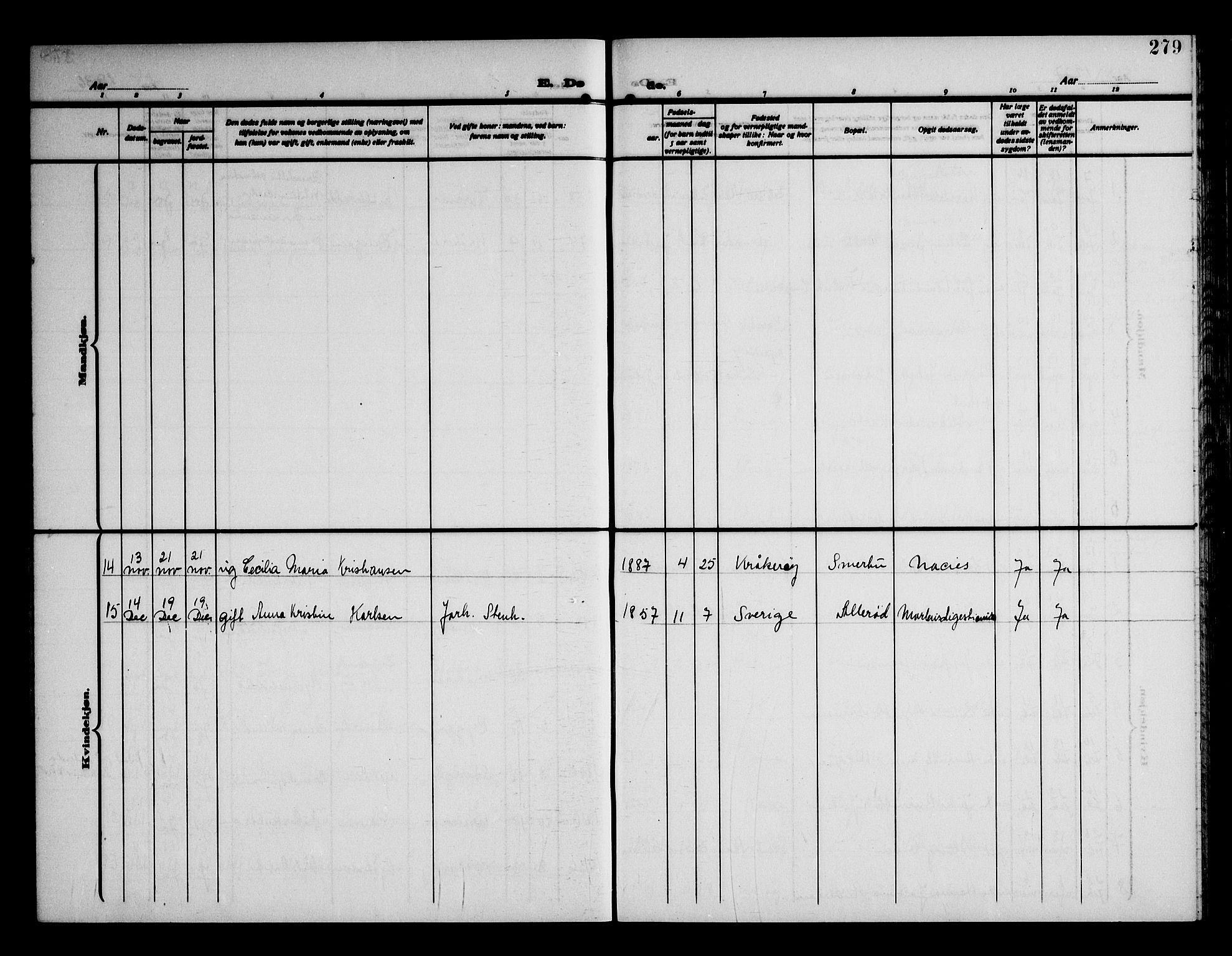 Kråkerøy prestekontor Kirkebøker, AV/SAO-A-10912/G/Ga/L0002: Klokkerbok nr. 2, 1908-1952, s. 279