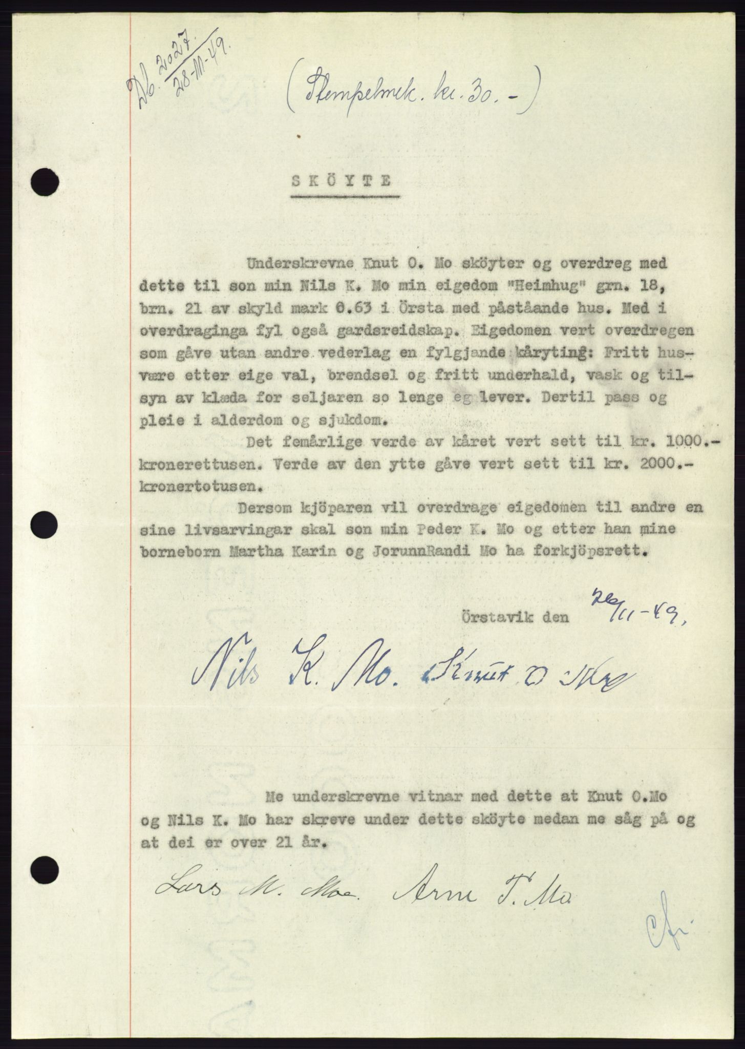 Søre Sunnmøre sorenskriveri, SAT/A-4122/1/2/2C/L0085: Pantebok nr. 11A, 1949-1949, Dagboknr: 2027/1949