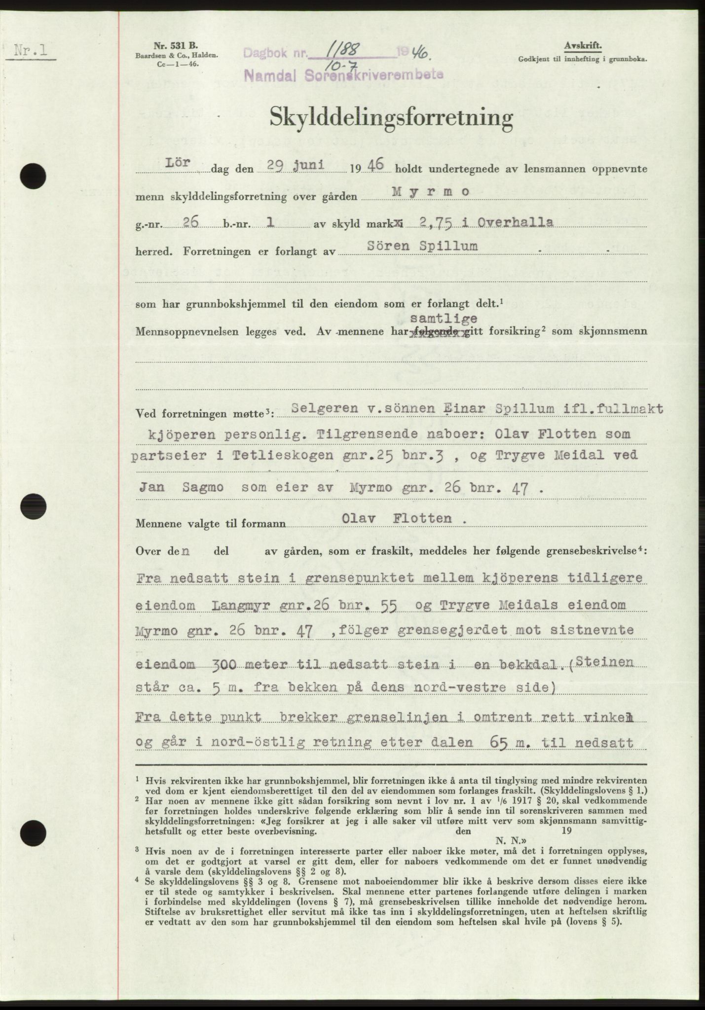Namdal sorenskriveri, SAT/A-4133/1/2/2C: Pantebok nr. -, 1946-1946, Dagboknr: 1188/1946