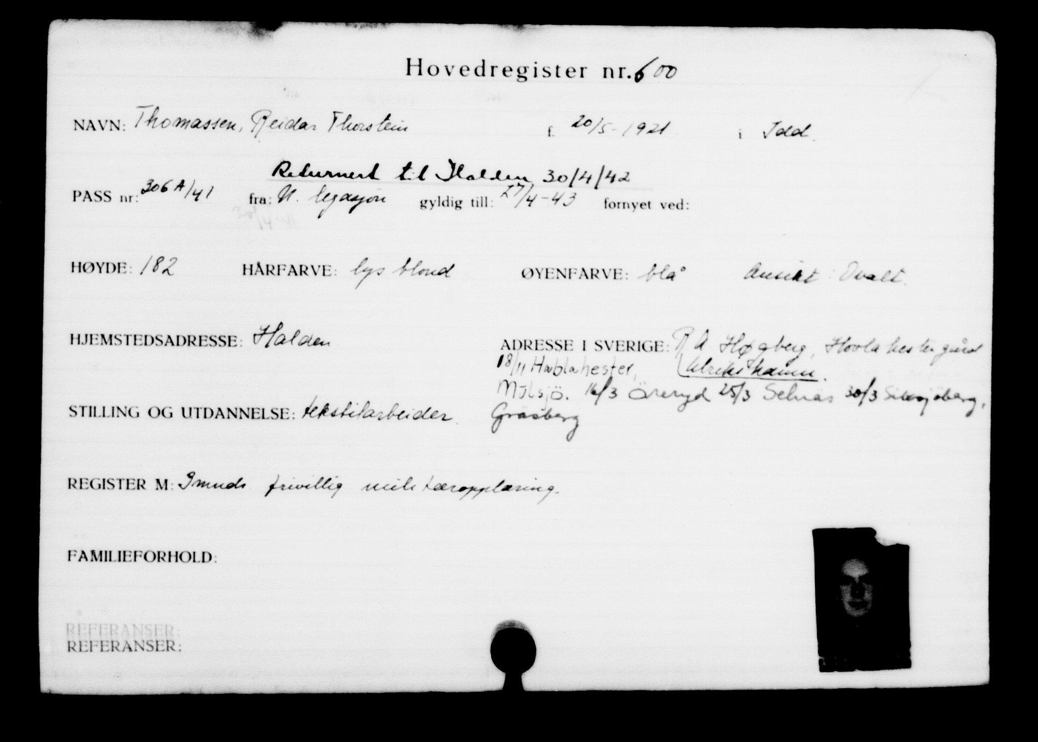 Utenriksstasjonene, Legasjonen i Stockholm, Flyktningkontoret, AV/RA-S-6753/V/Va/L0001: Kjesäterkartoteket, flyktninger med registreringsnr. 1-1000, 1940-1945, s. 937